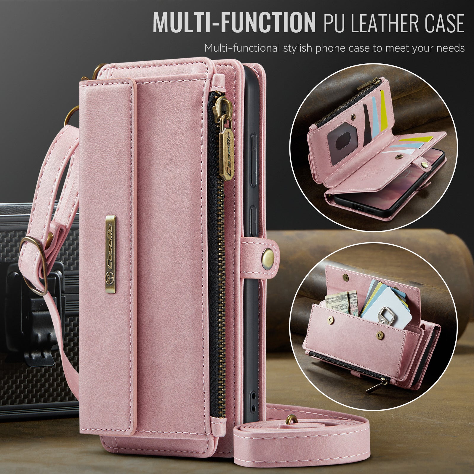 Samsung Galaxy S26FE Crossbody Case with Strap, Card Slots & Zipper Pocket [Pink]
