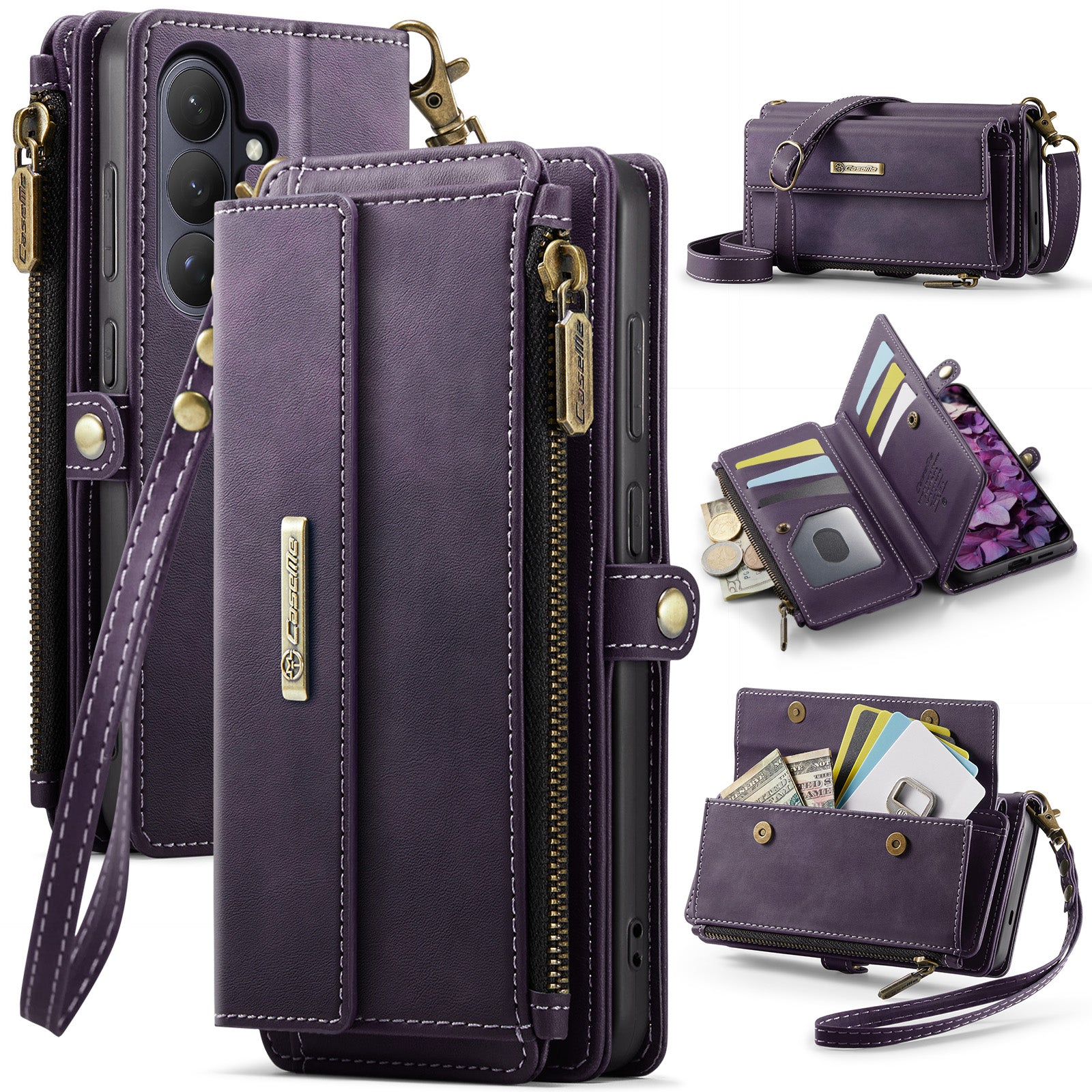 Samsung Galaxy S26FE Crossbody Case with Strap, Card Slots & Zipper Pocket [Purple]