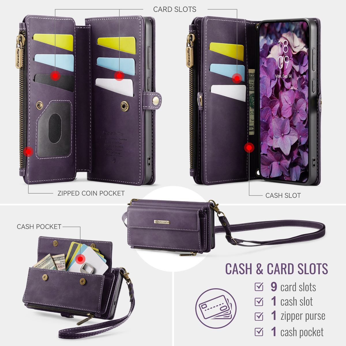 Samsung Galaxy S26FE Crossbody Case with Strap, Card Slots & Zipper Pocket [Purple]