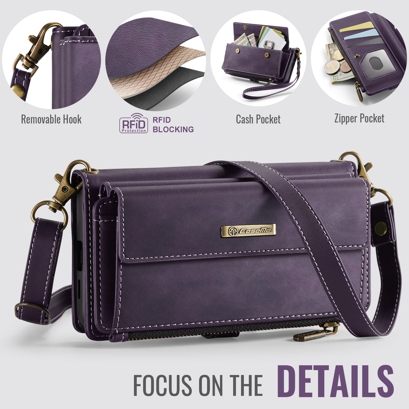 Samsung Galaxy S26FE Crossbody Case with Strap, Card Slots & Zipper Pocket [Purple]