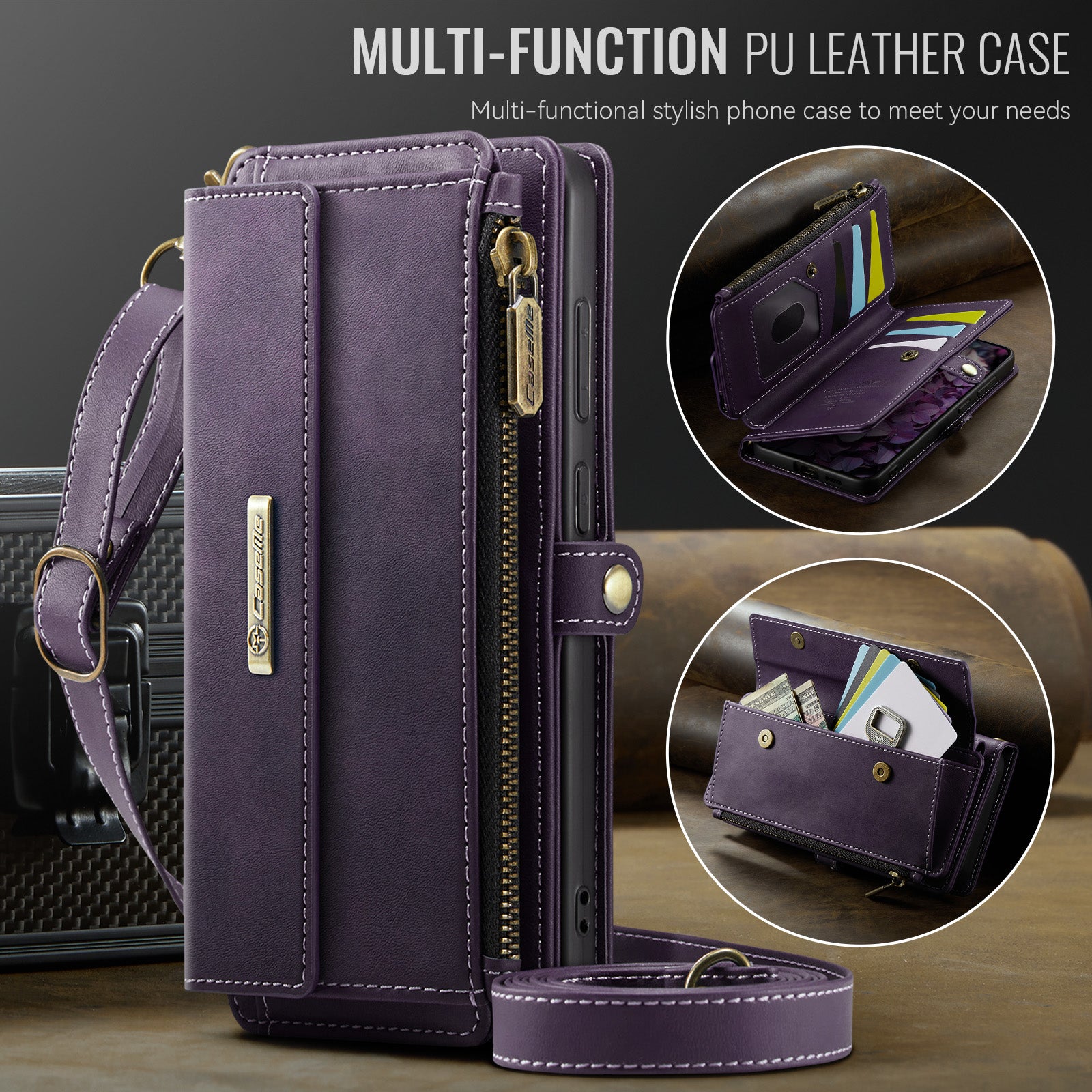 Samsung Galaxy S26FE Crossbody Case with Strap, Card Slots & Zipper Pocket [Purple]
