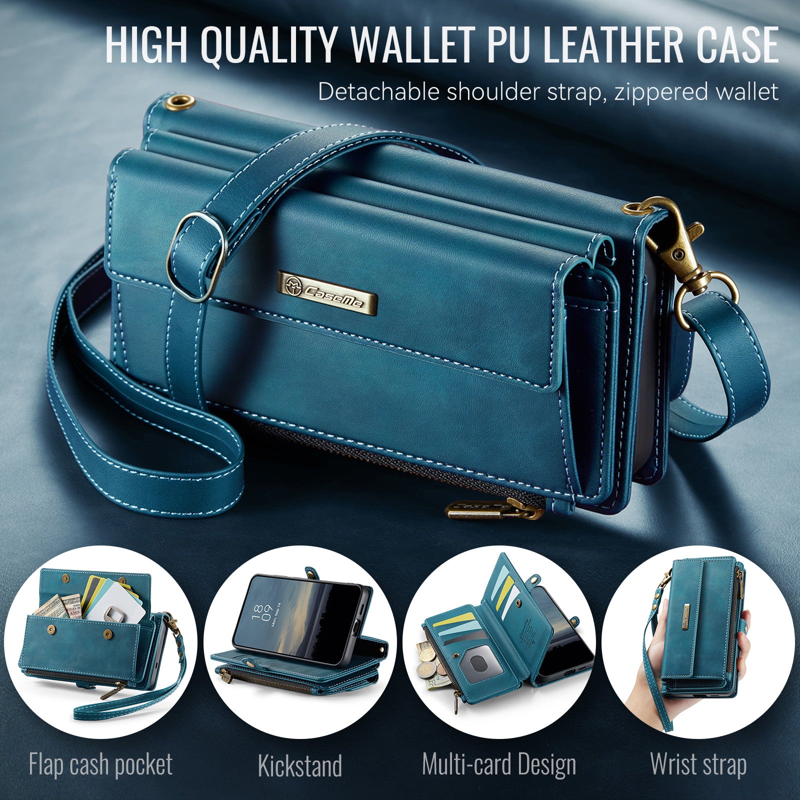 Samsung Galaxy S26FE Crossbody Case with Strap, Card Slots & Zipper Pocket [Teal]