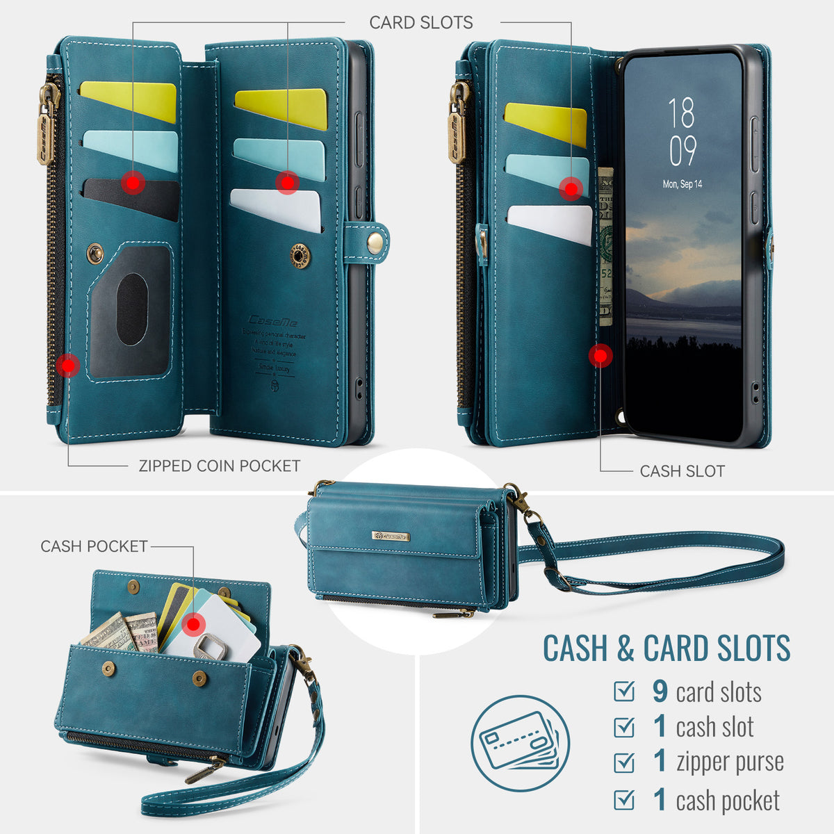 Samsung Galaxy S26FE Crossbody Case with Strap, Card Slots & Zipper Pocket [Teal]