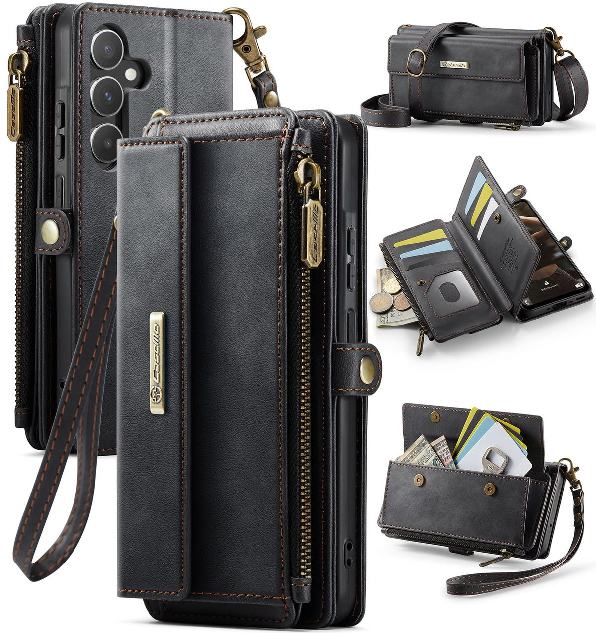 Samsung Galaxy A55 Crossbody Case with Strap, Card Slots & Zipper Pocket [Black]