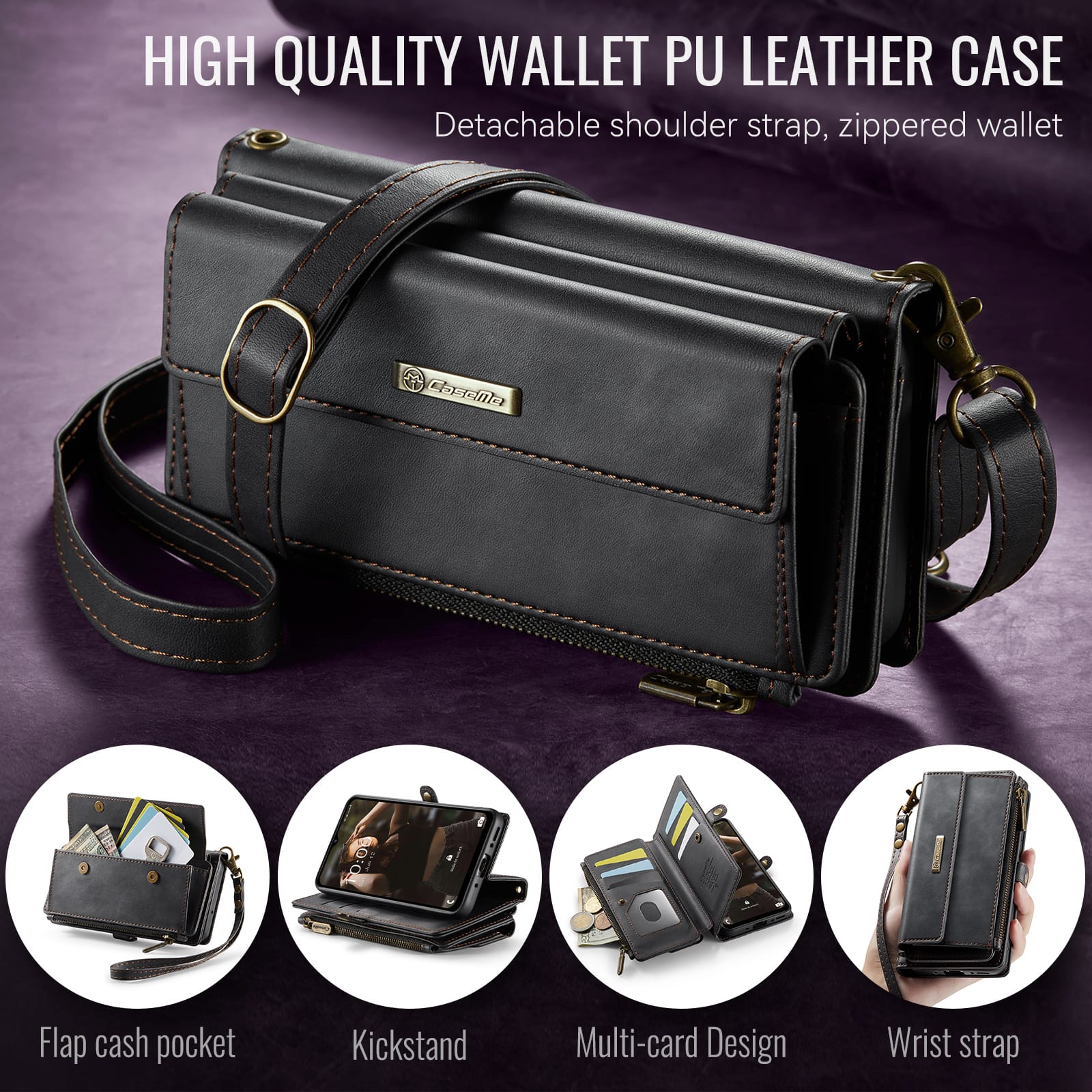 Samsung Galaxy A55 Crossbody Case with Strap, Card Slots & Zipper Pocket [Black]