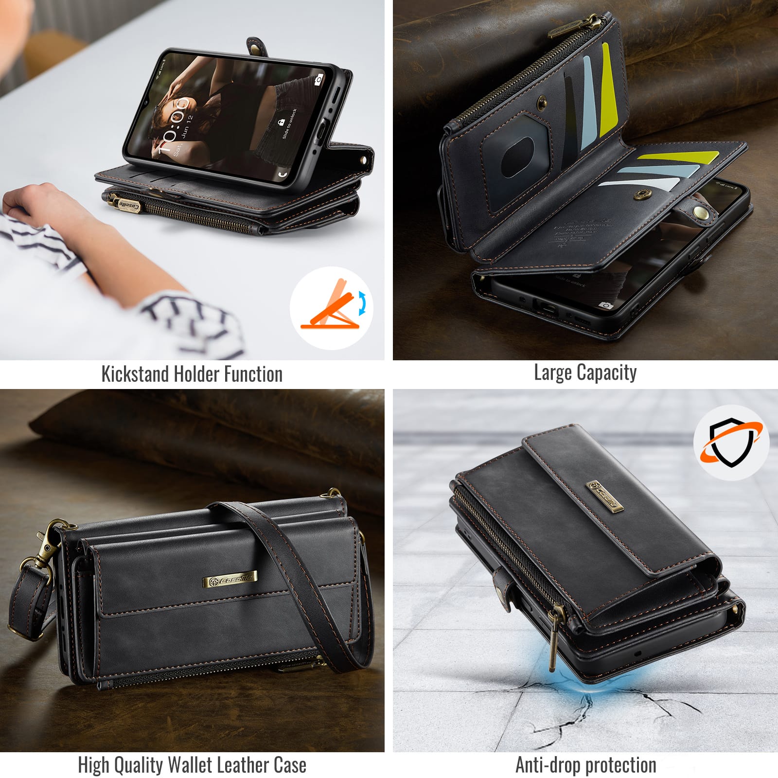 Samsung Galaxy A55 Crossbody Case with Strap, Card Slots & Zipper Pocket [Black]