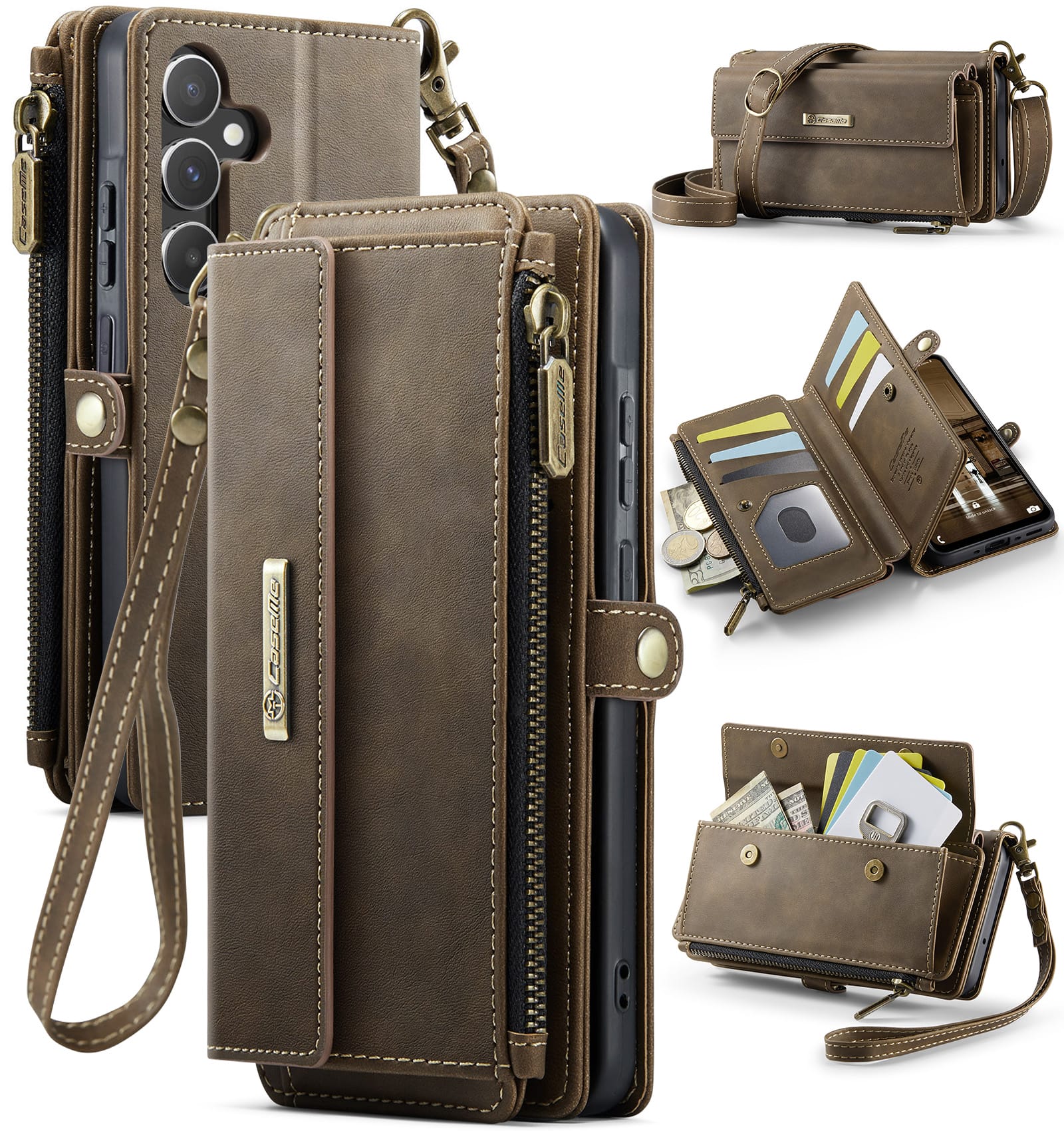 Samsung Galaxy A55 Crossbody Case with Strap, Card Slots & Zipper Pocket [Coffee]