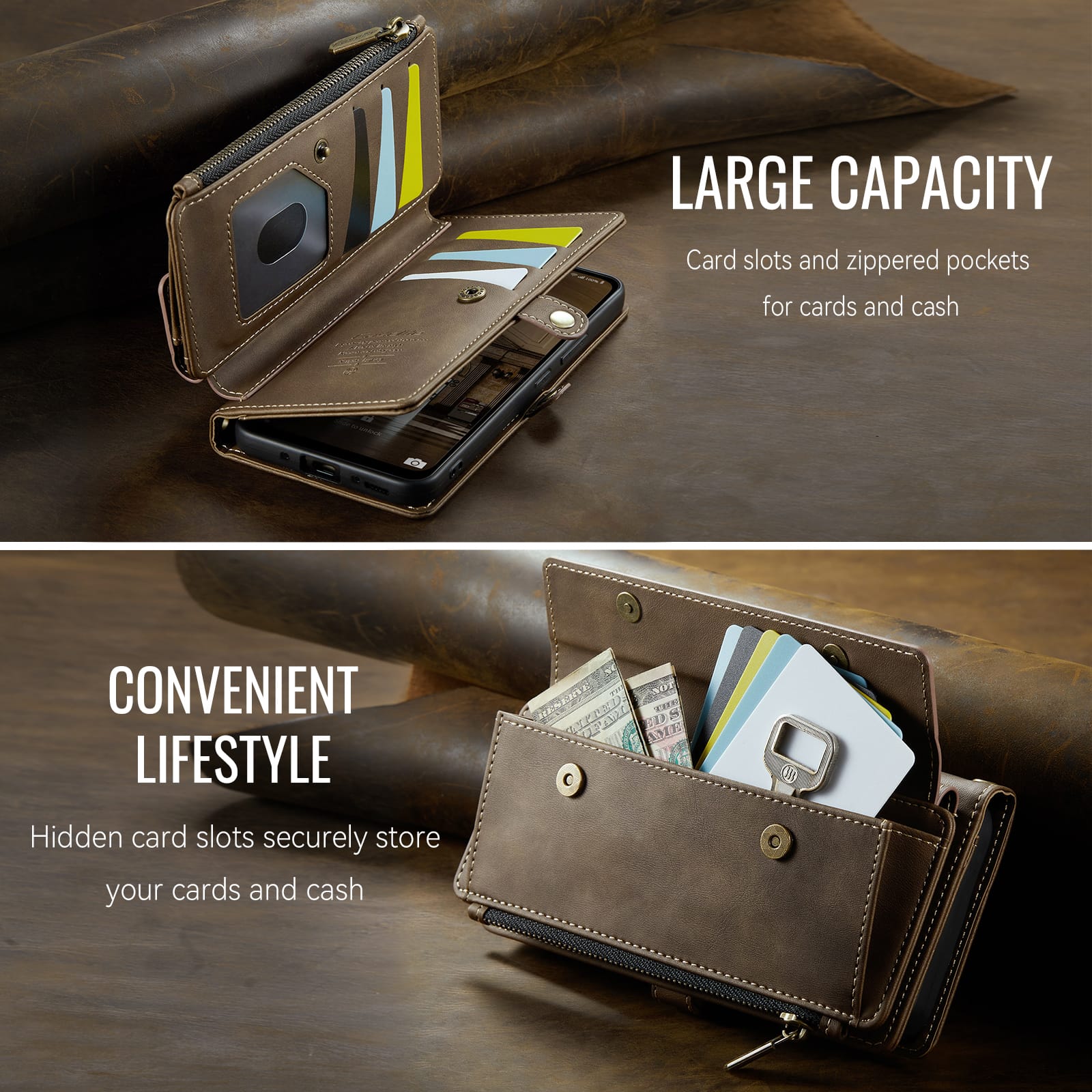 Samsung Galaxy A55 Crossbody Case with Strap, Card Slots & Zipper Pocket [Coffee]