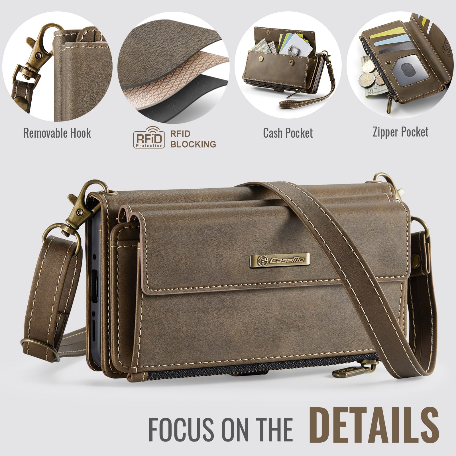 Samsung Galaxy A55 Crossbody Case with Strap, Card Slots & Zipper Pocket [Coffee]