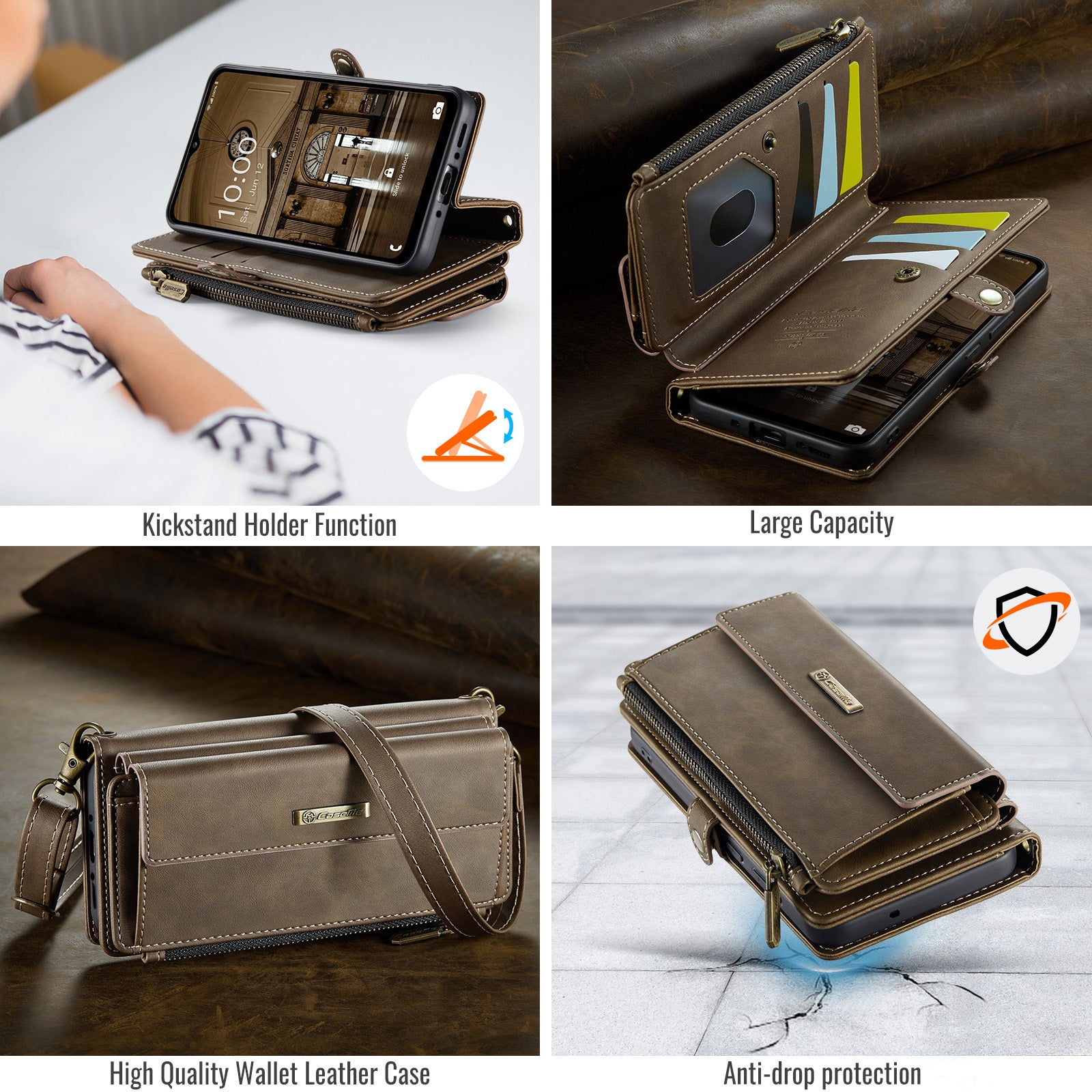 Samsung Galaxy A55 Crossbody Case with Strap, Card Slots & Zipper Pocket [Coffee]