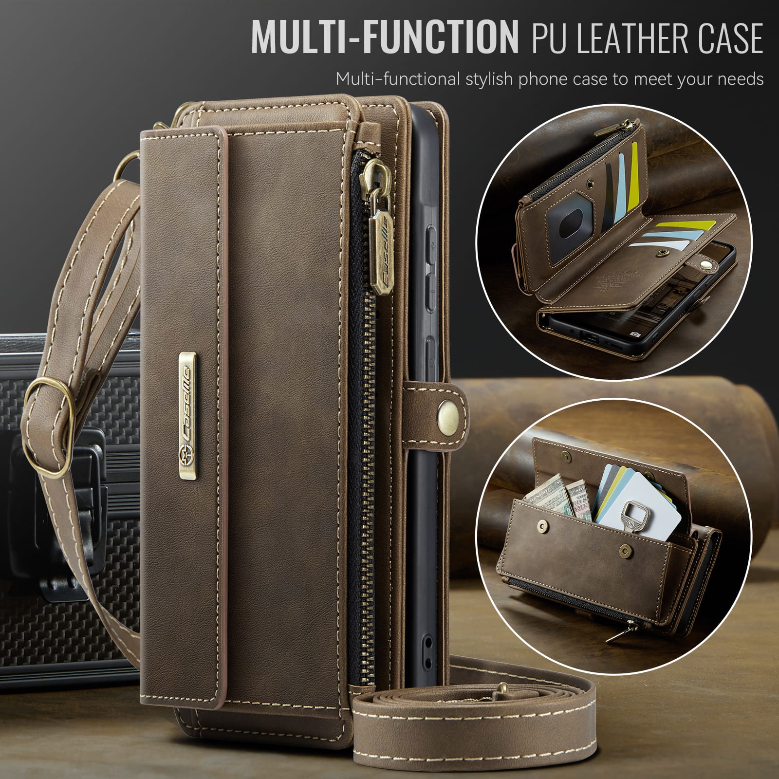 Samsung Galaxy A55 Crossbody Case with Strap, Card Slots & Zipper Pocket [Coffee]