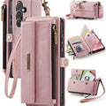 Samsung Galaxy A55 Crossbody Case with Strap, Card Slots & Zipper Pocket [Pink] - Pink
