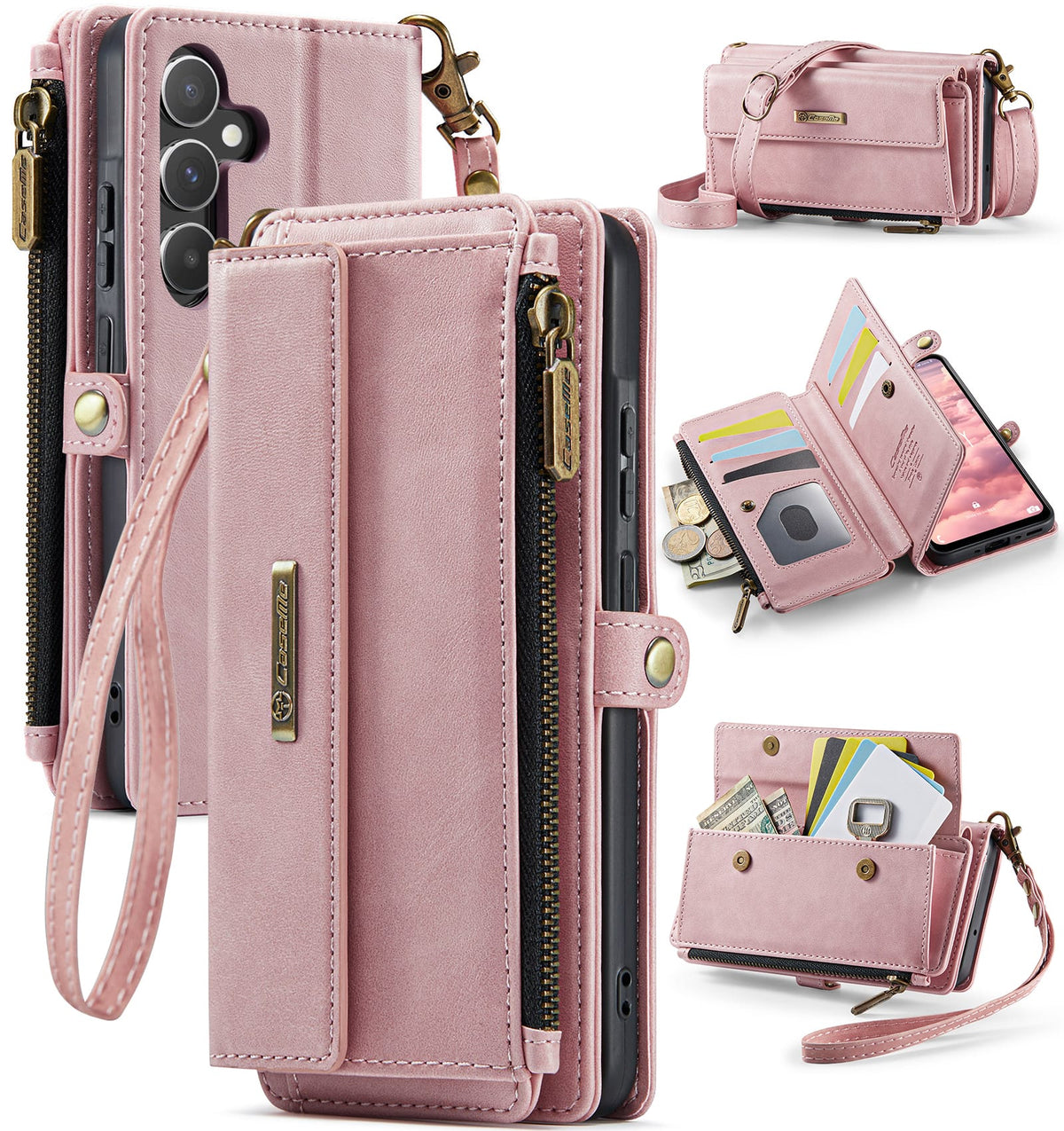 Samsung Galaxy A55 Crossbody Case with Strap, Card Slots & Zipper Pocket [Pink]