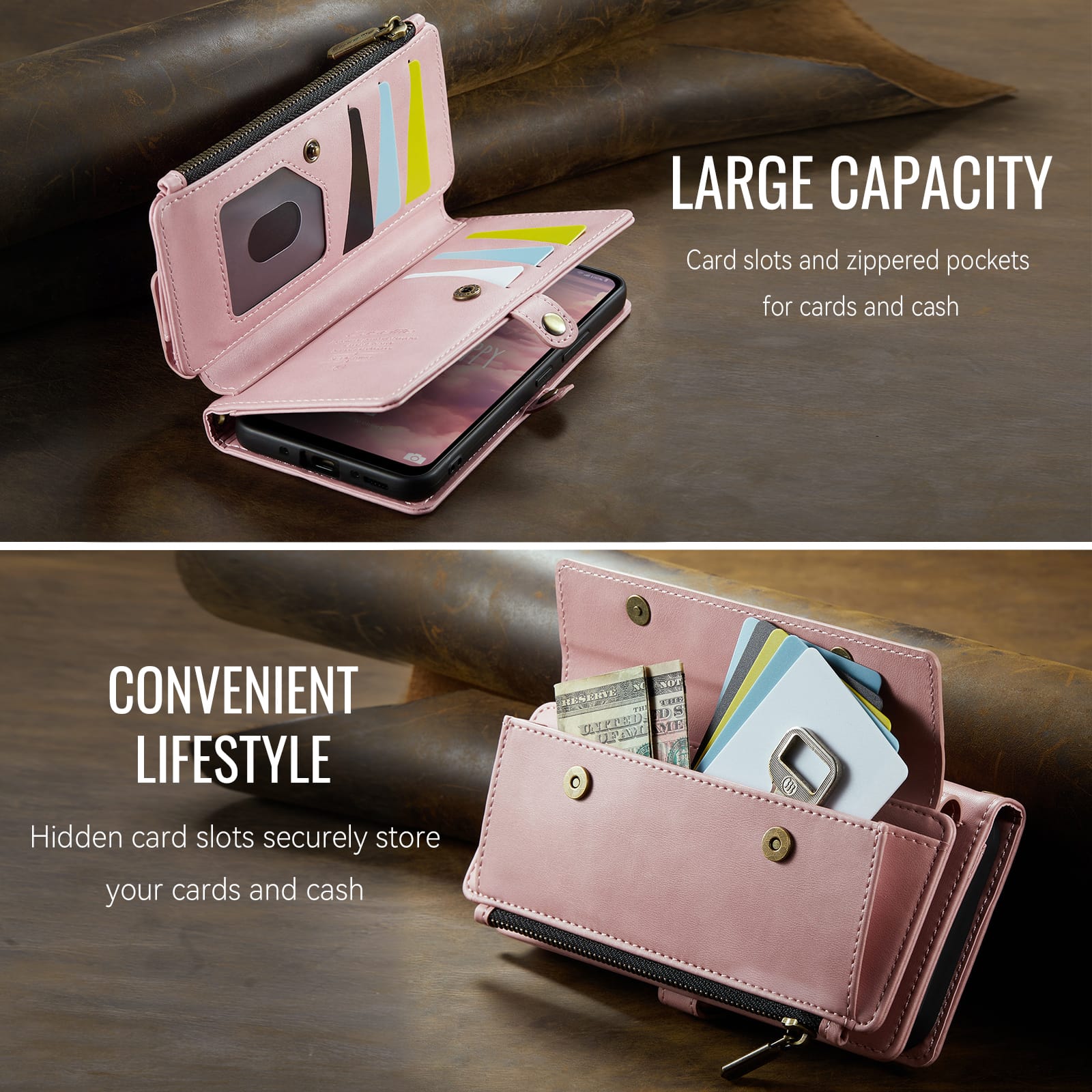 Samsung Galaxy A55 Crossbody Case with Strap, Card Slots & Zipper Pocket [Pink]