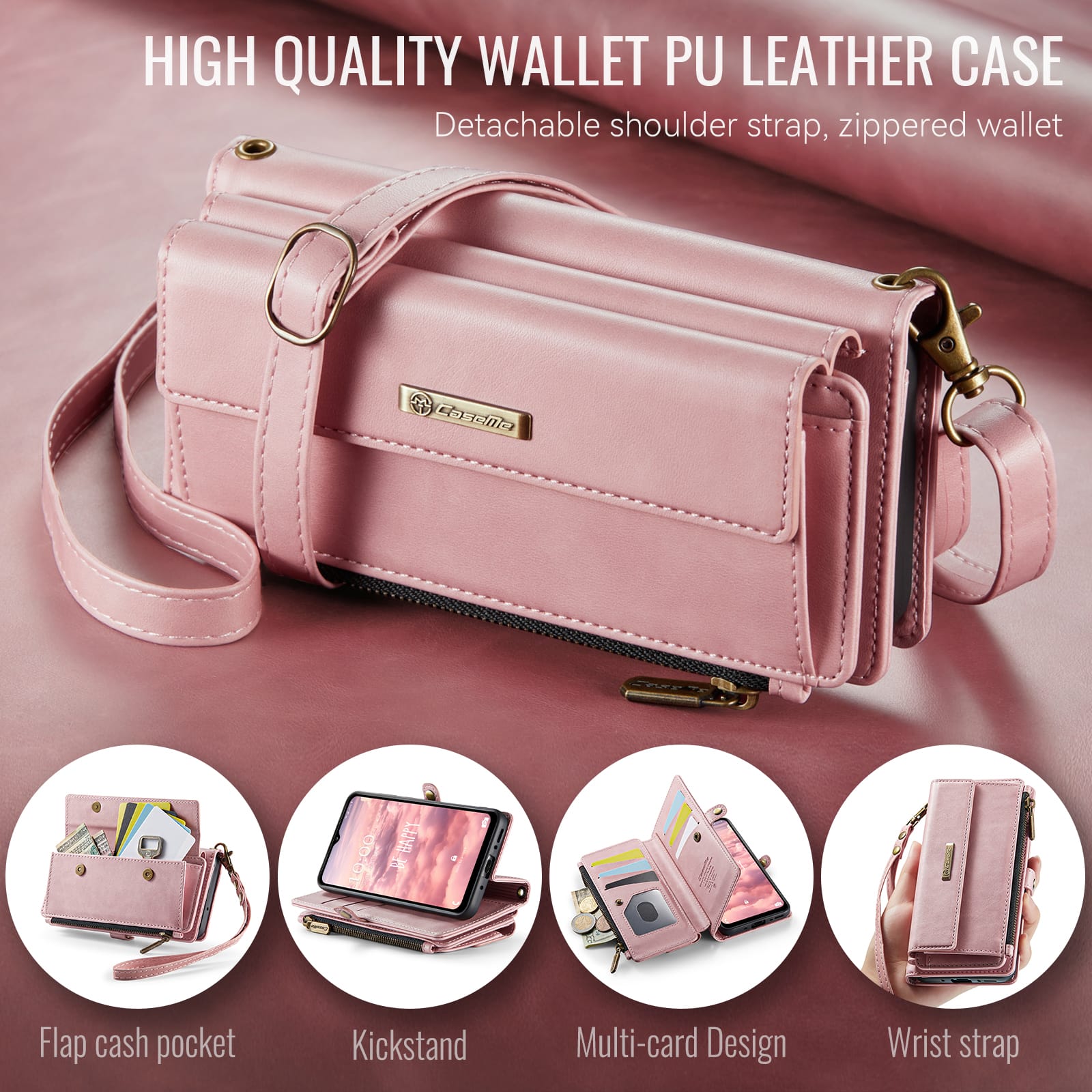Samsung Galaxy A55 Crossbody Case with Strap, Card Slots & Zipper Pocket [Pink]