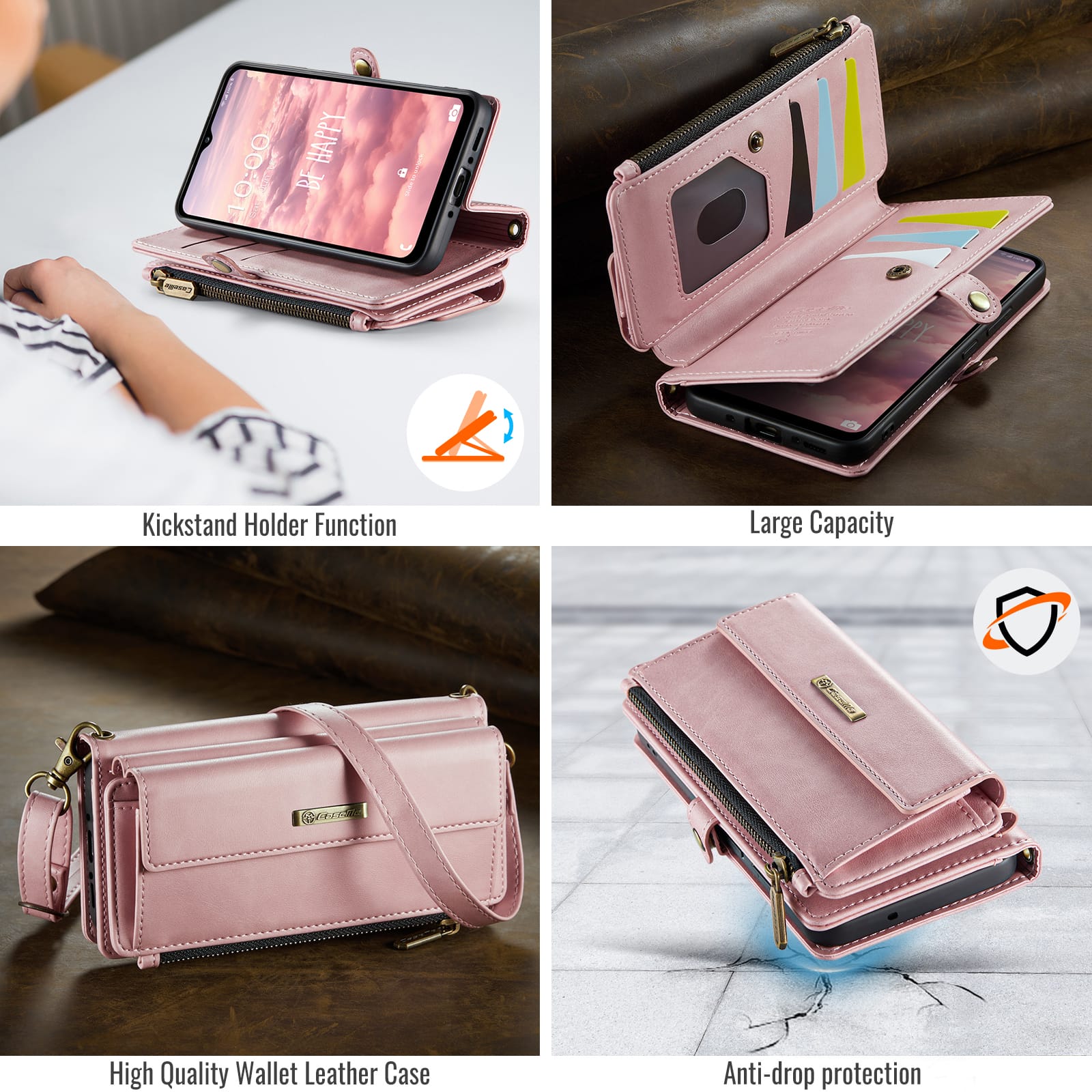 Samsung Galaxy A55 Crossbody Case with Strap, Card Slots & Zipper Pocket [Pink]