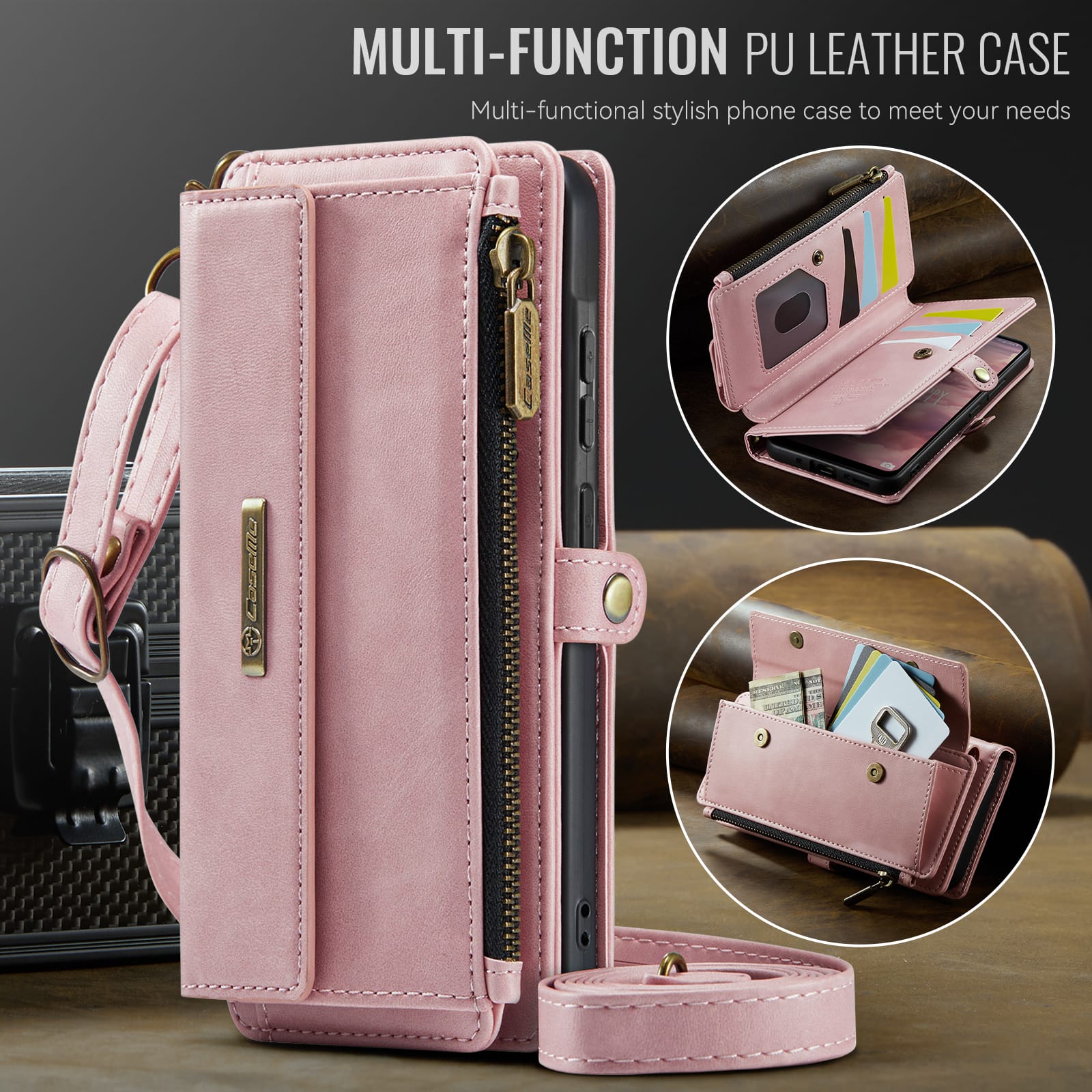 Samsung Galaxy A55 Crossbody Case with Strap, Card Slots & Zipper Pocket [Pink]