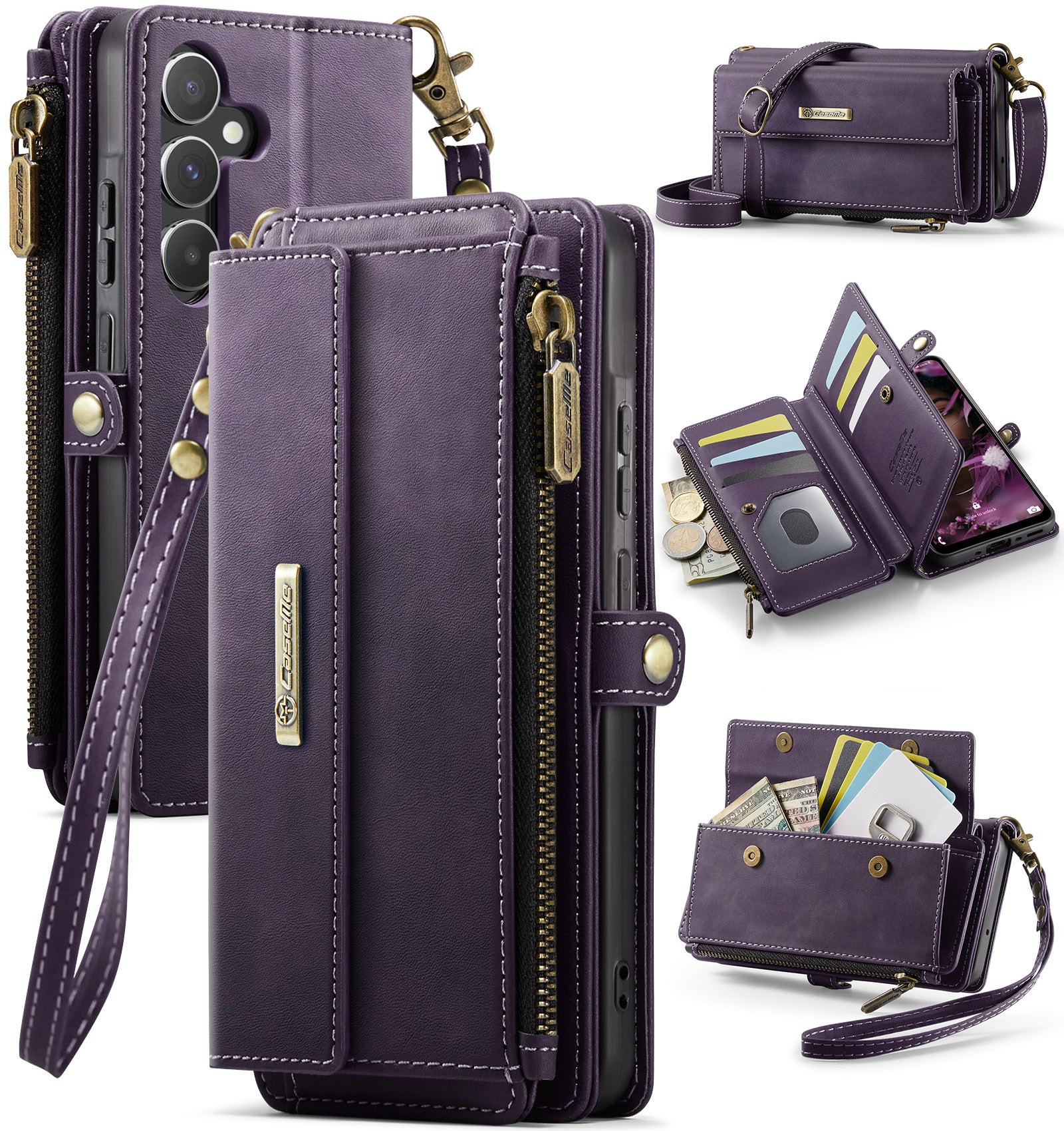 Samsung Galaxy A55 Crossbody Case with Strap, Card Slots & Zipper Pocket [Purple]