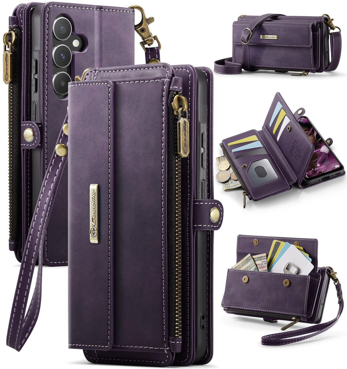 Samsung Galaxy A55 Crossbody Case with Strap, Card Slots & Zipper Pocket [Purple]