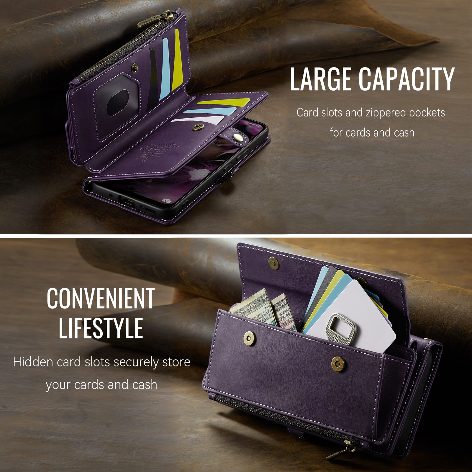 Samsung Galaxy A55 Crossbody Case with Strap, Card Slots & Zipper Pocket [Purple]