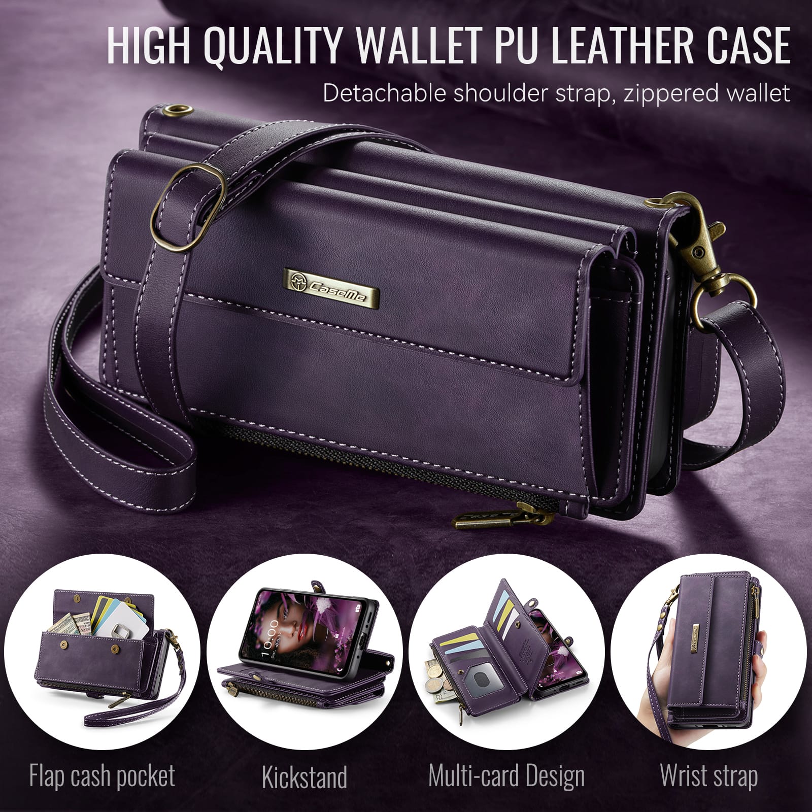 Samsung Galaxy A55 Crossbody Case with Strap, Card Slots & Zipper Pocket [Purple]