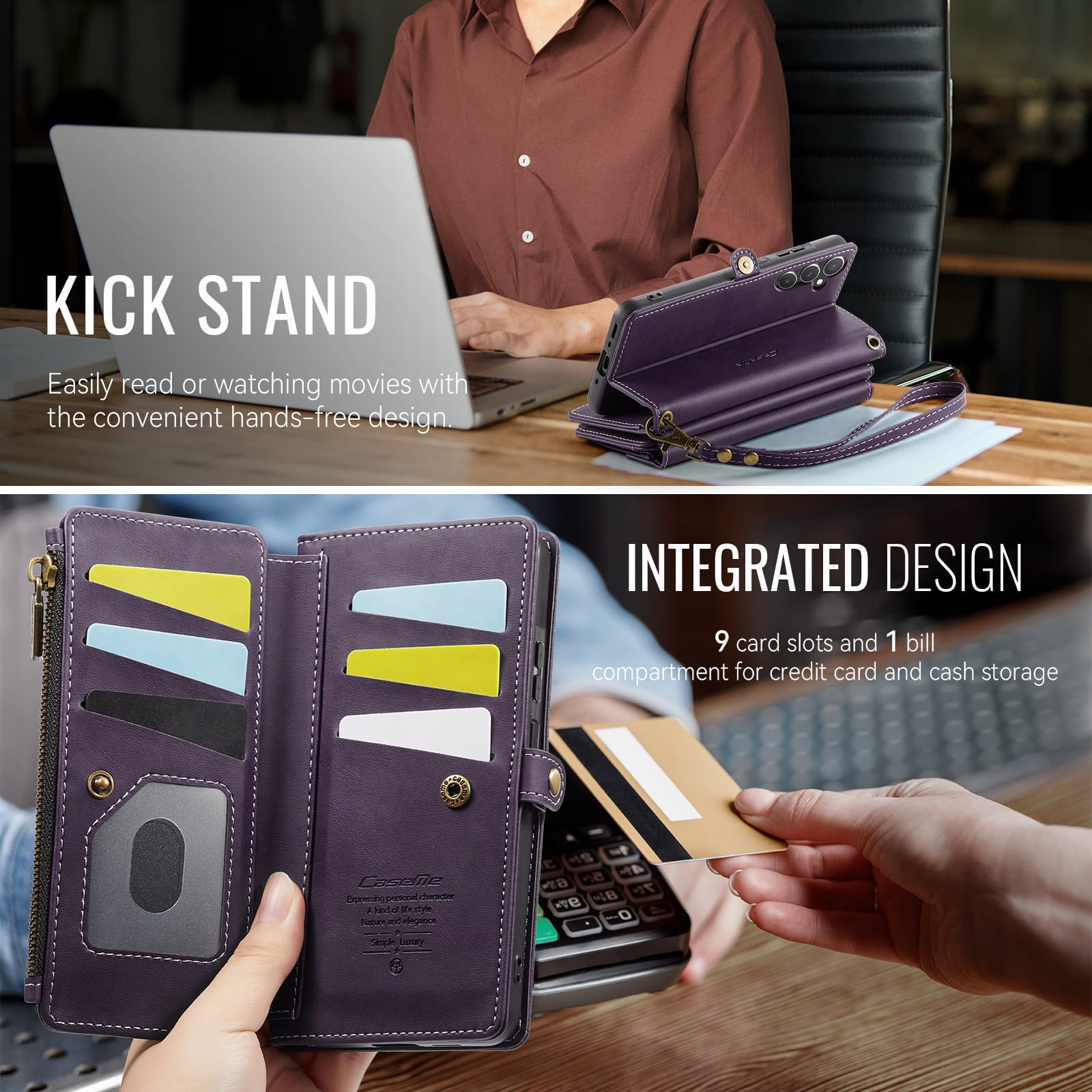 Samsung Galaxy A55 Crossbody Case with Strap, Card Slots & Zipper Pocket [Purple]