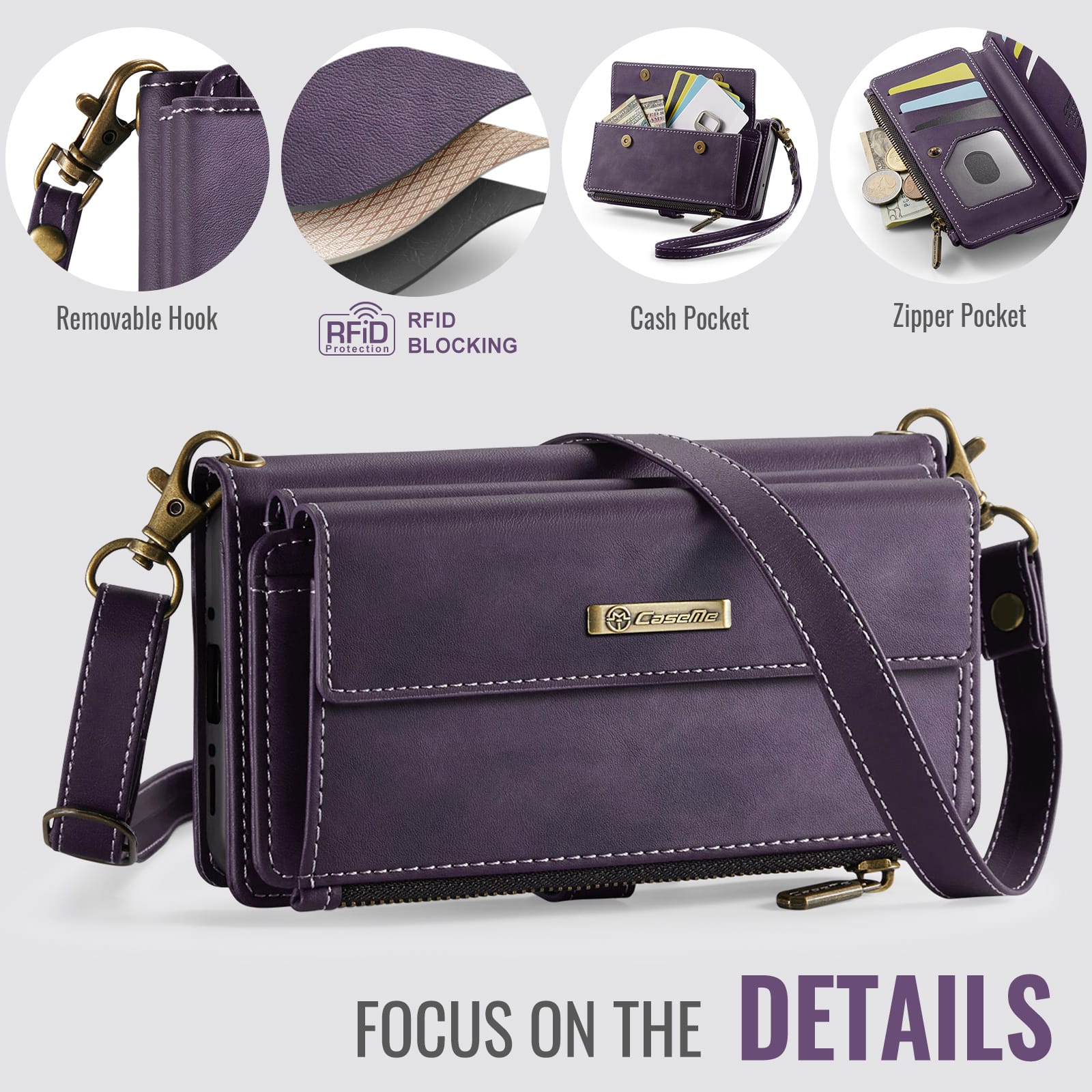 Samsung Galaxy A55 Crossbody Case with Strap, Card Slots & Zipper Pocket [Purple]