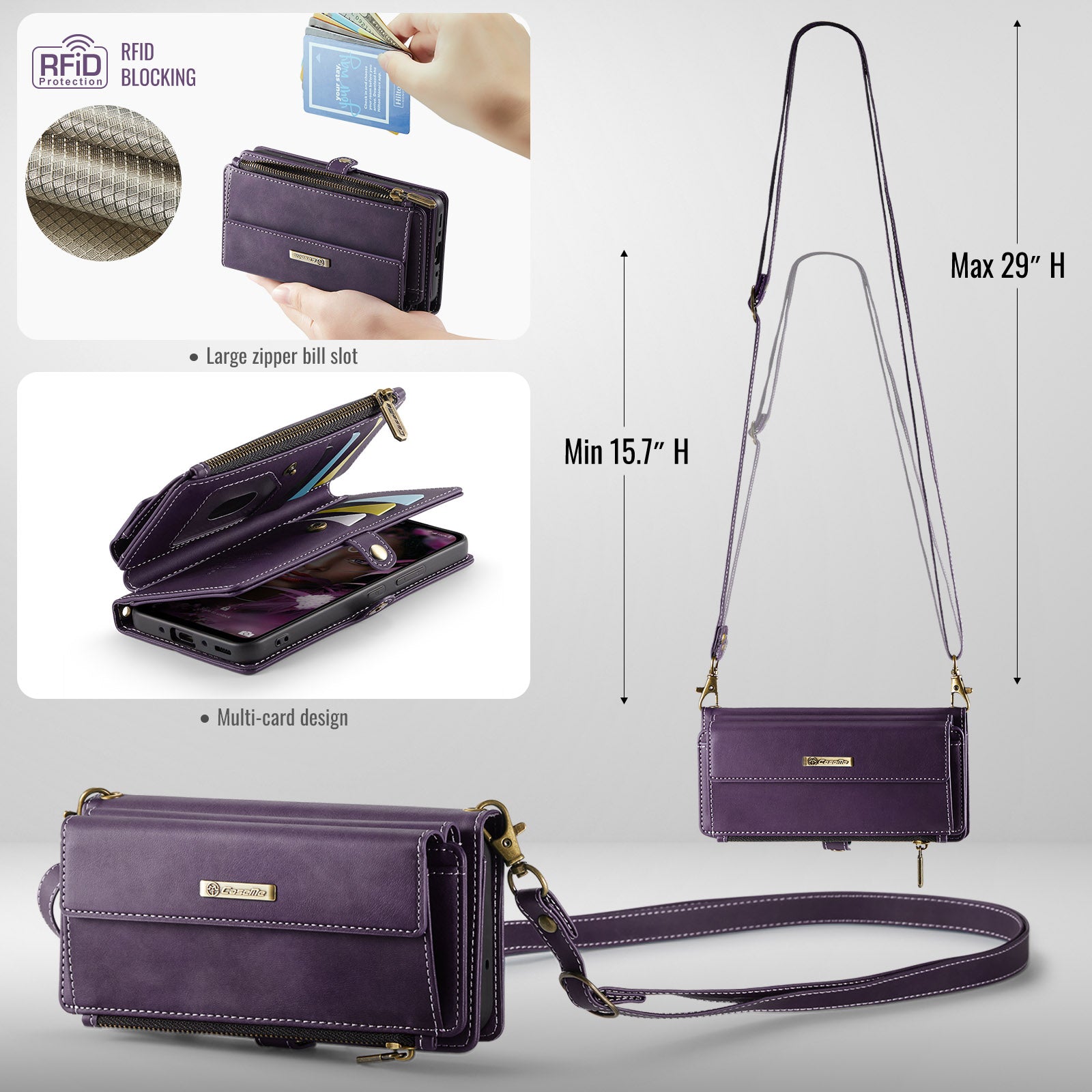Samsung Galaxy A55 Crossbody Case with Strap, Card Slots & Zipper Pocket [Purple]
