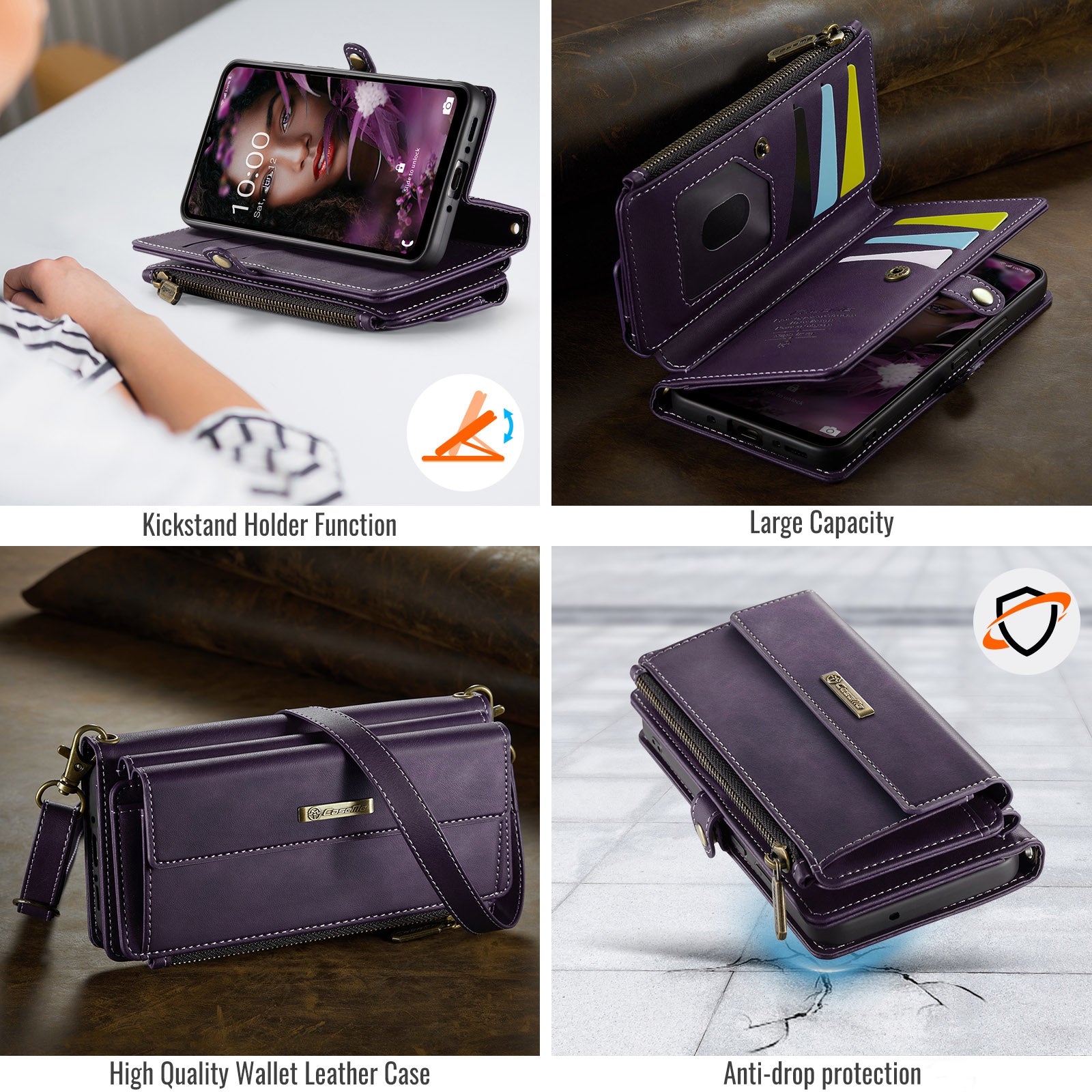 Samsung Galaxy A55 Crossbody Case with Strap, Card Slots & Zipper Pocket [Purple]