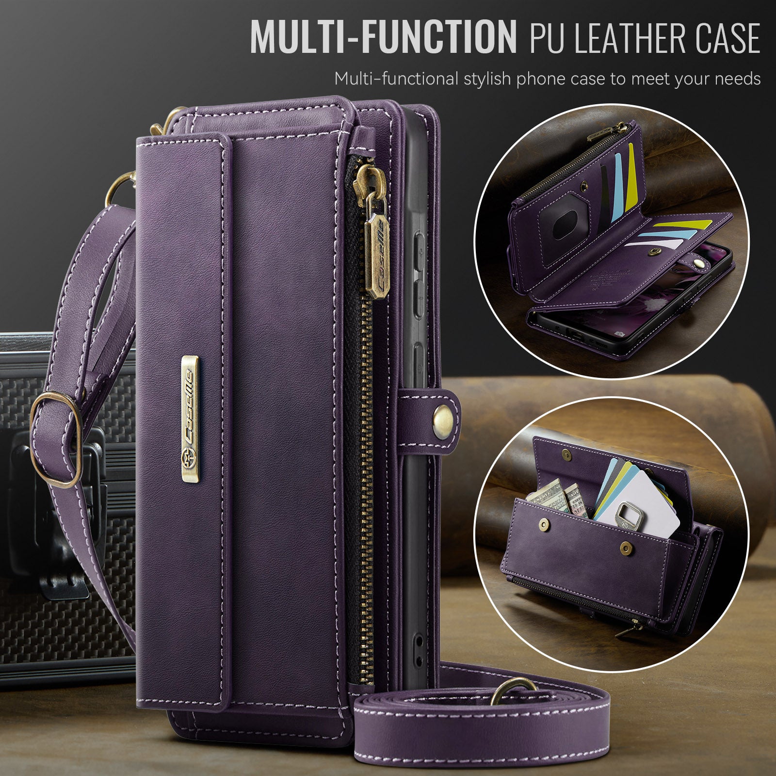 Samsung Galaxy A55 Crossbody Case with Strap, Card Slots & Zipper Pocket [Purple]