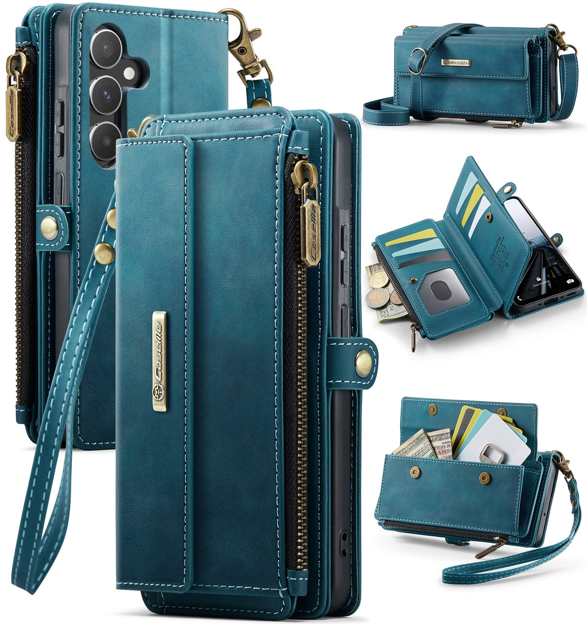Samsung Galaxy A55 Crossbody Case with Strap, Card Slots & Zipper Pocket [Teal]