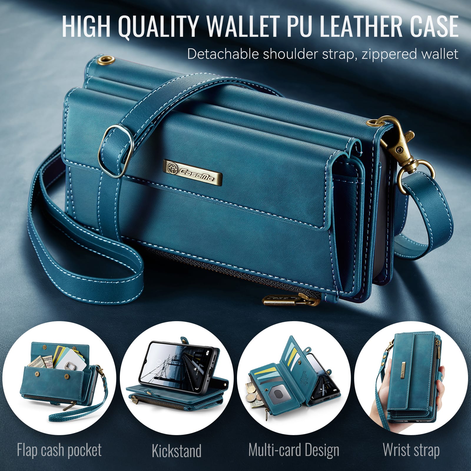 Samsung Galaxy A55 Crossbody Case with Strap, Card Slots & Zipper Pocket [Teal]