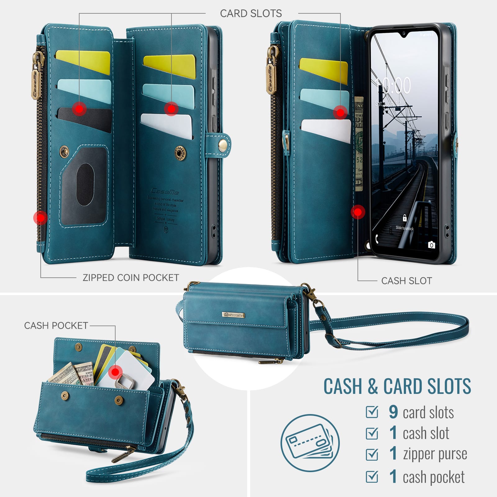 Samsung Galaxy A55 Crossbody Case with Strap, Card Slots & Zipper Pocket [Teal]