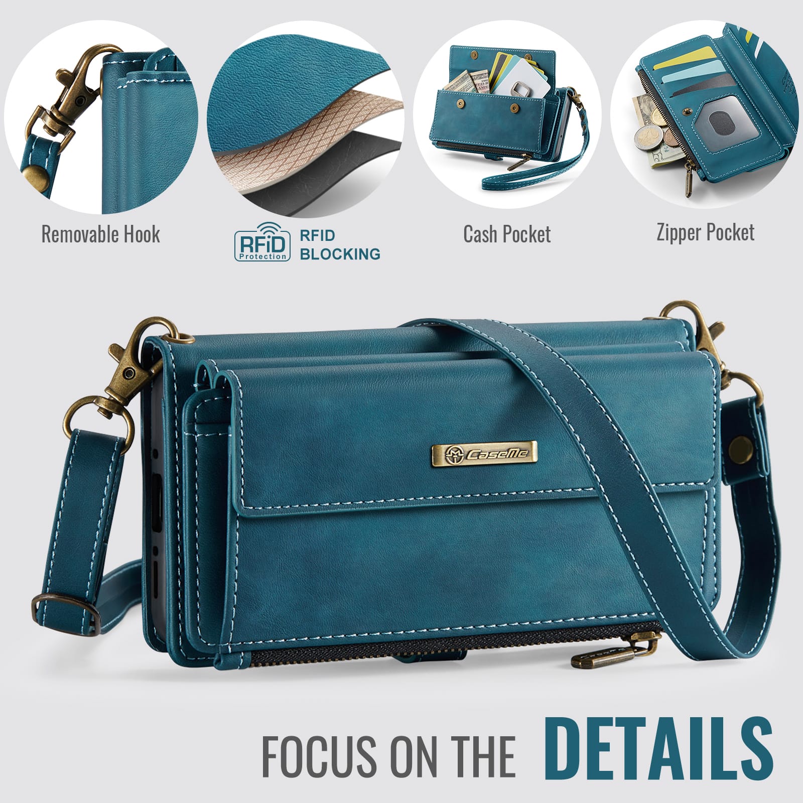 Samsung Galaxy A55 Crossbody Case with Strap, Card Slots & Zipper Pocket [Teal]
