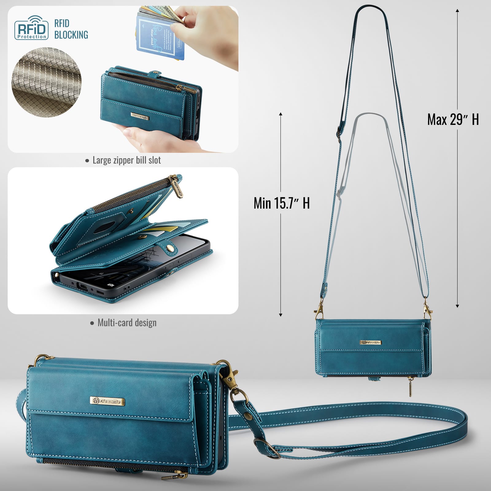 Samsung Galaxy A55 Crossbody Case with Strap, Card Slots & Zipper Pocket [Teal]