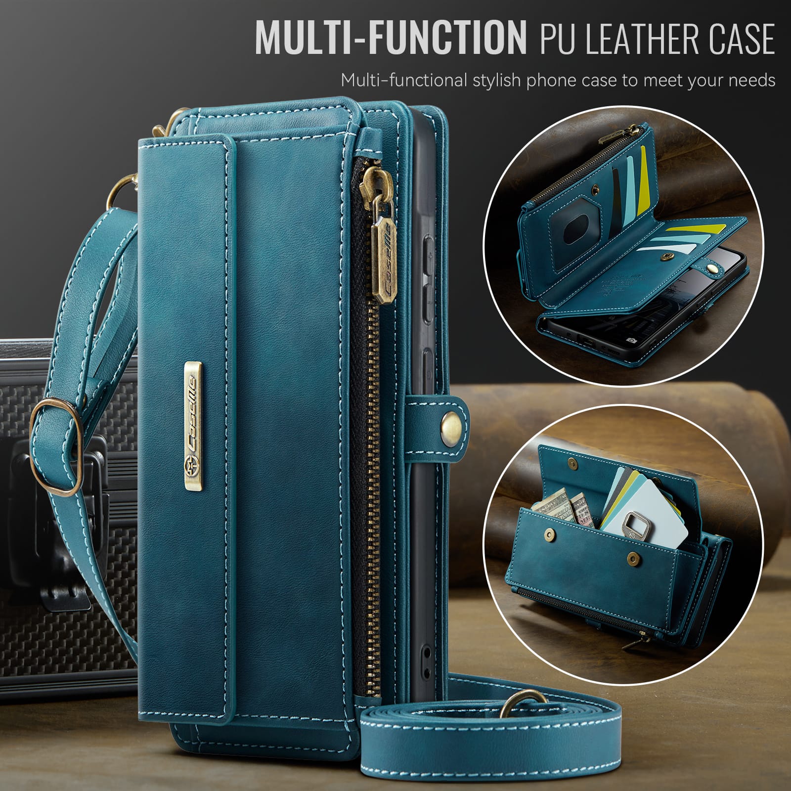 Samsung Galaxy A55 Crossbody Case with Strap, Card Slots & Zipper Pocket [Teal]