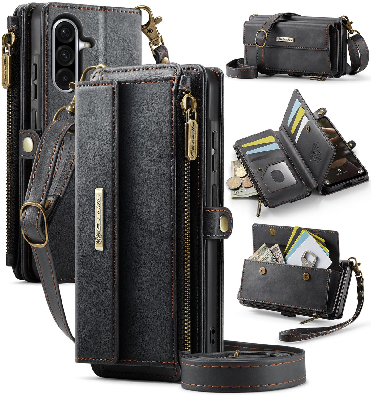 Samsung Galaxy A56 Crossbody Case with Strap, Card Slots & Zipper Pocket [Black]