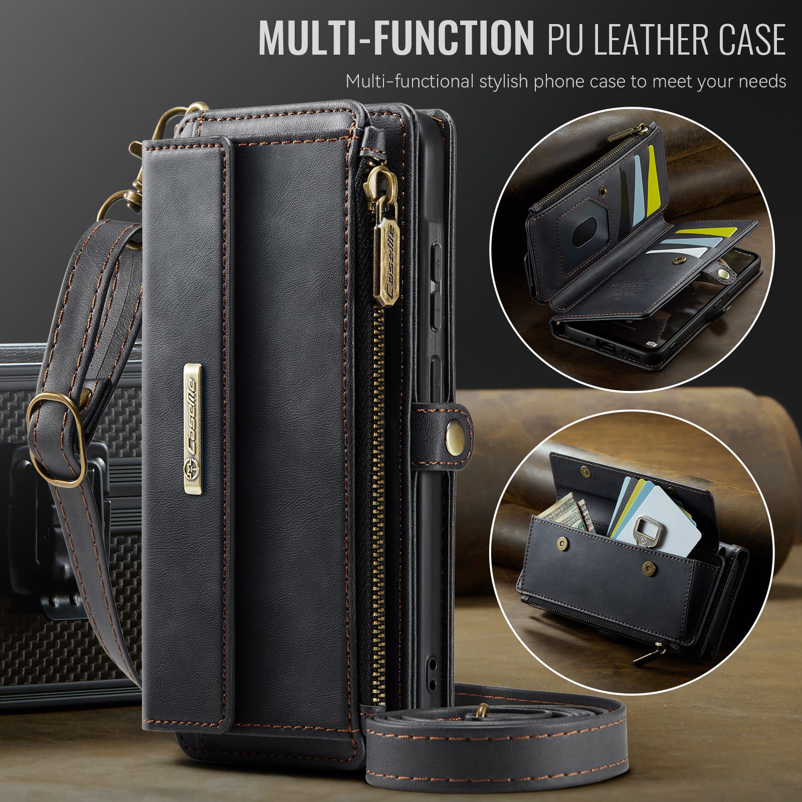 Samsung Galaxy A56 Crossbody Case with Strap, Card Slots & Zipper Pocket [Black]