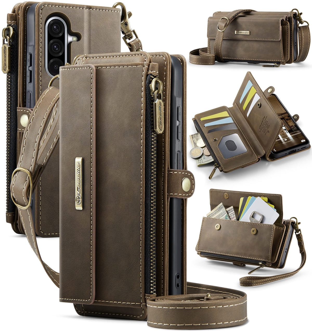 Samsung Galaxy A56 Crossbody Case with Strap, Card Slots & Zipper Pocket [Coffee]