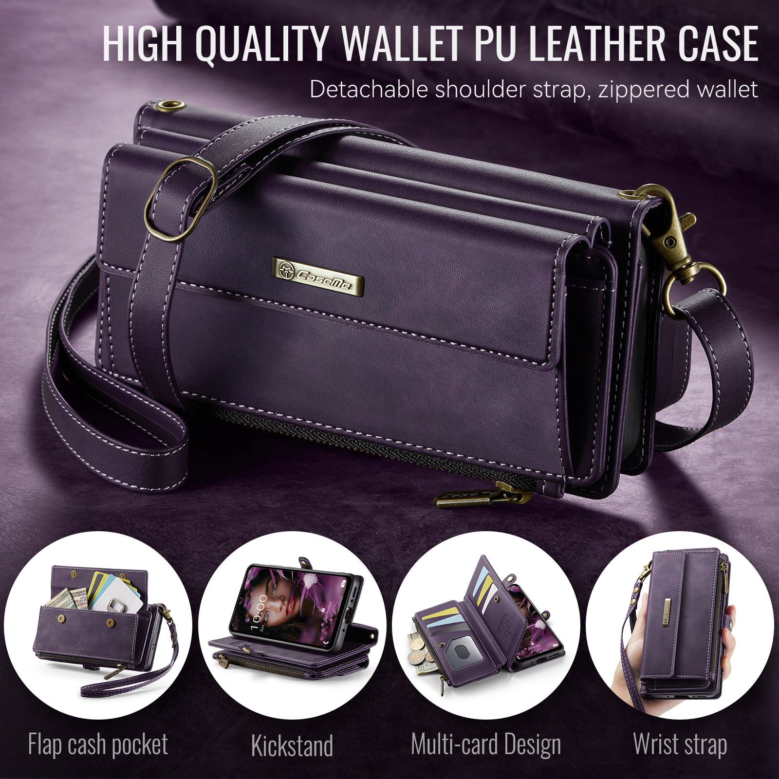 Samsung Galaxy A56 Crossbody Case with Strap, Card Slots & Zipper Pocket [Purple]