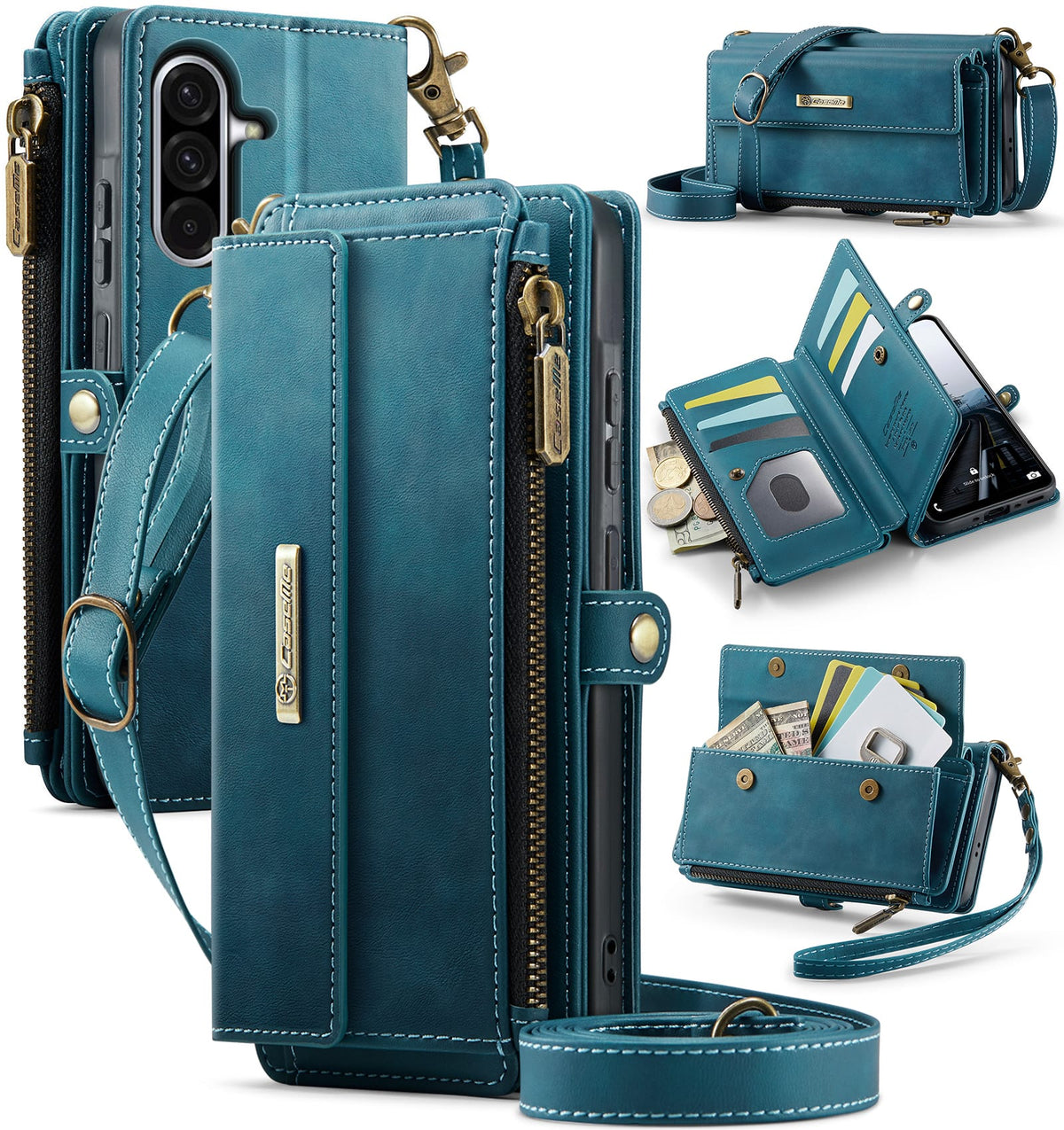 Samsung Galaxy A56 Crossbody Case with Strap, Card Slots & Zipper Pocket [Teal]