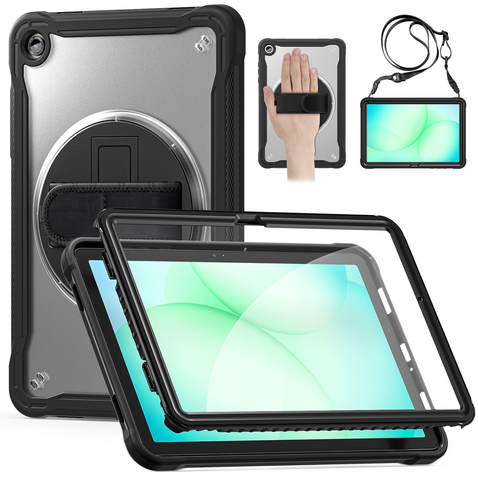 Samsung Tab A11+ A11 Plus Rugged Case - 360° Stand, Hand & Shoulder Strap - Shockproof - Black