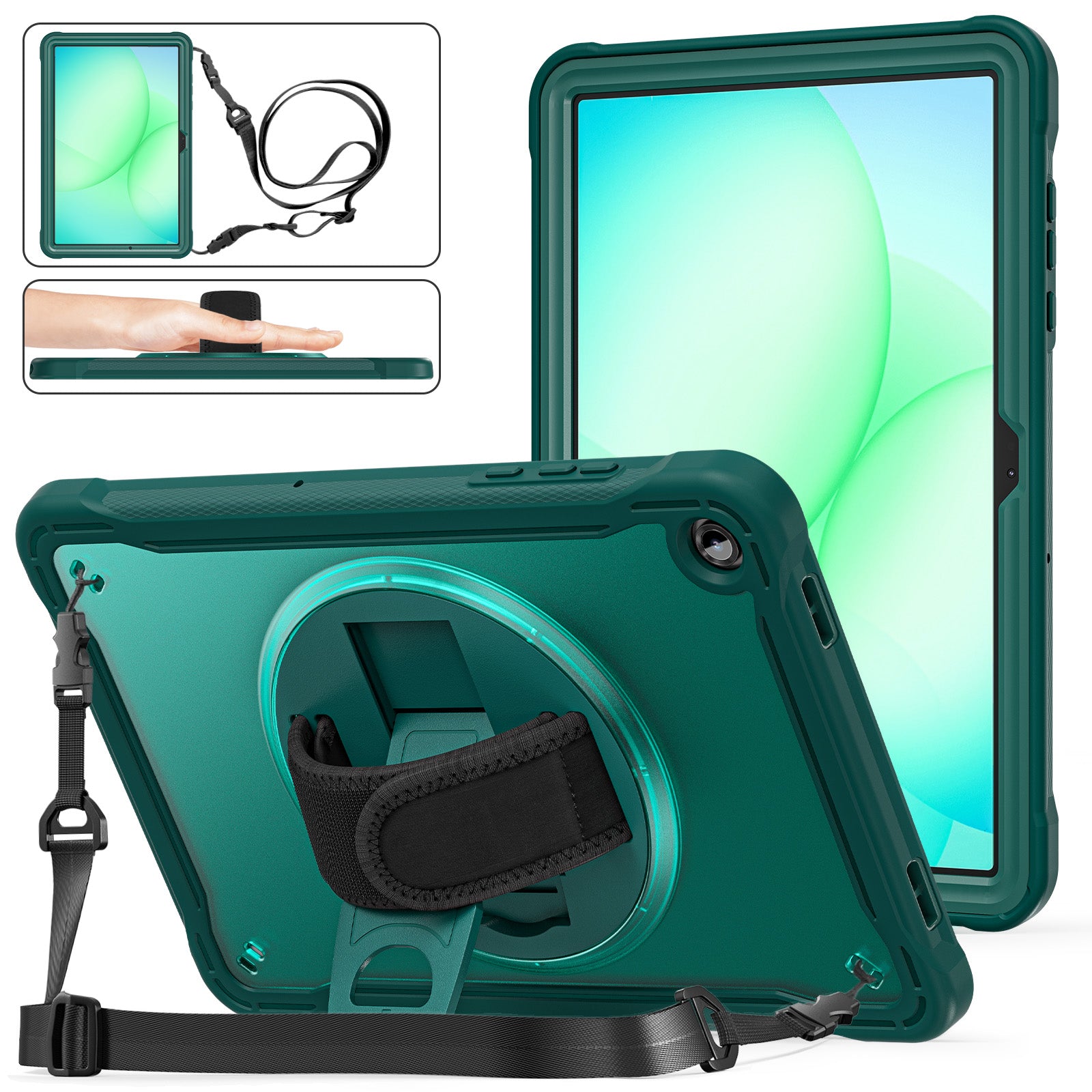Samsung Tab A11+ A11 Plus Rugged Case - 360° Stand, Hand & Shoulder Strap - Shockproof - Green