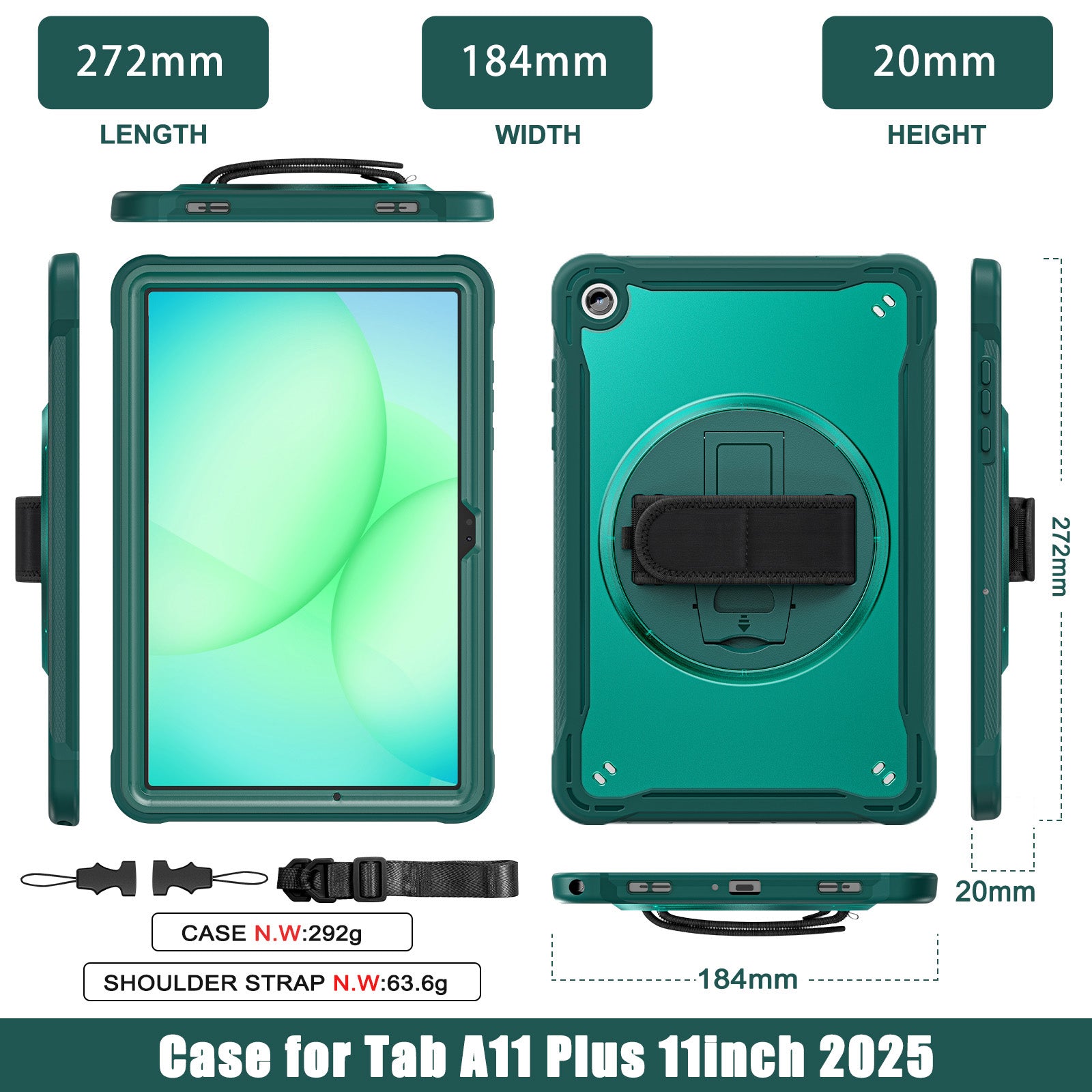 Samsung Tab A11+ A11 Plus Rugged Case - 360° Stand, Hand & Shoulder Strap - Shockproof - Green