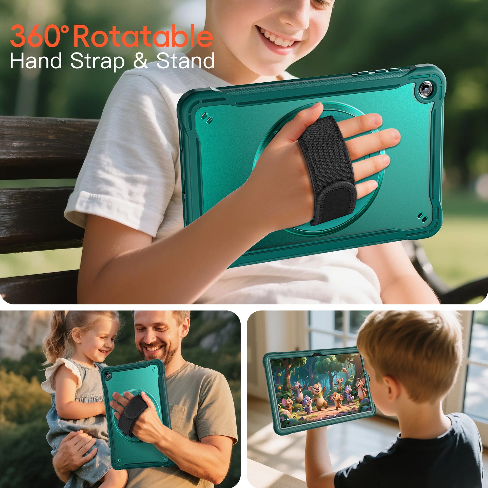 Samsung Tab A11+ A11 Plus Rugged Case - 360° Stand, Hand & Shoulder Strap - Shockproof - Green