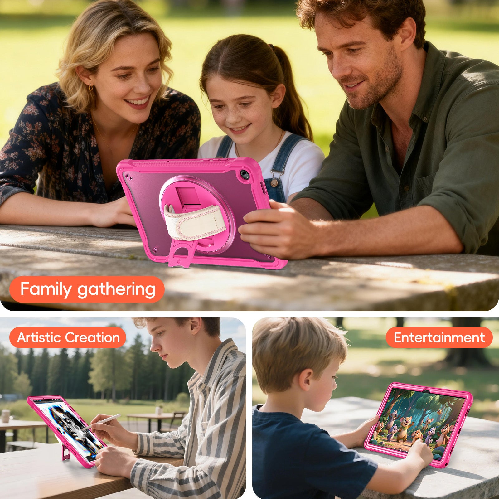 Samsung Tab A11+ A11 Plus Rugged Case - 360° Stand, Hand & Shoulder Strap - Shockproof - Rose
