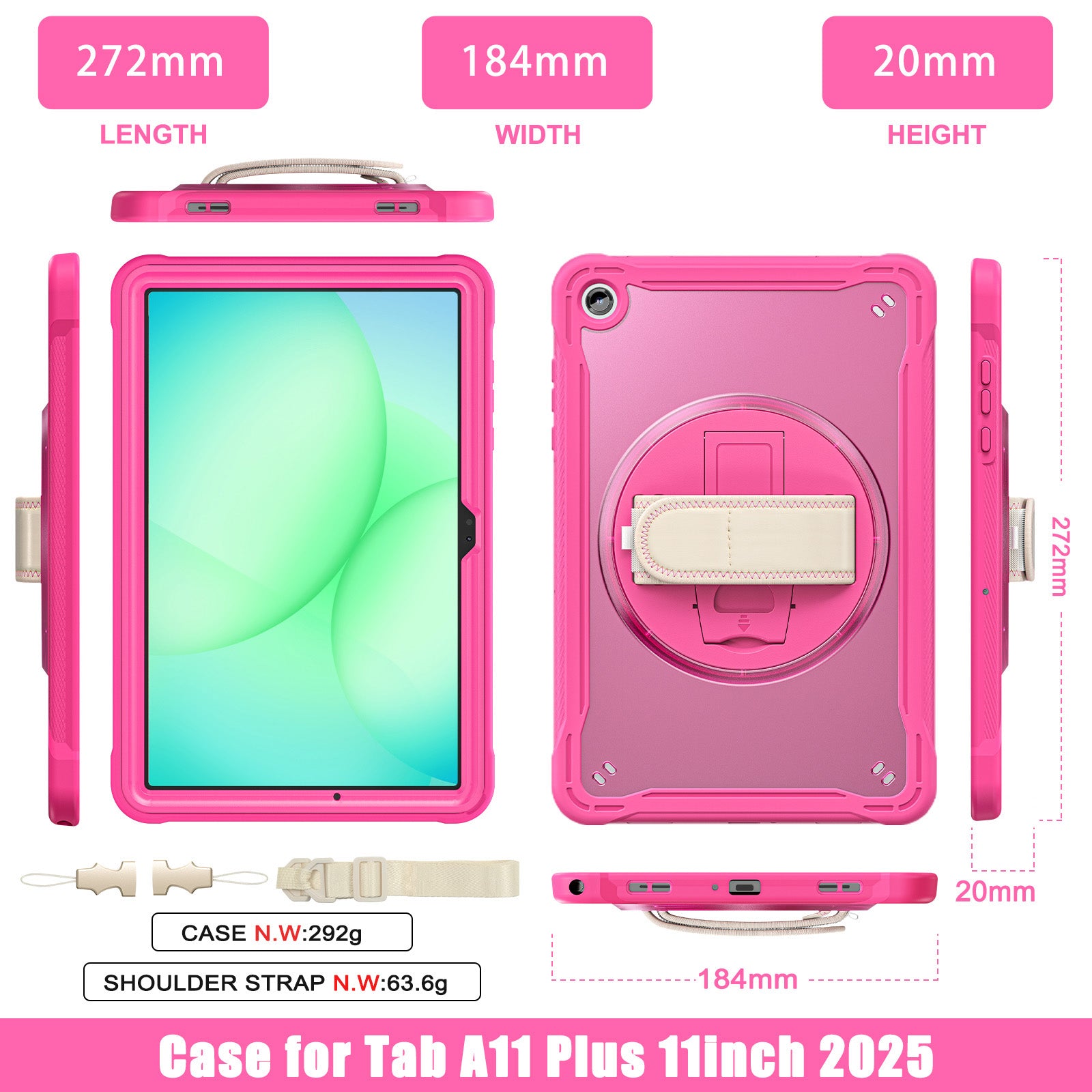 Samsung Tab A11+ A11 Plus Rugged Case - 360° Stand, Hand & Shoulder Strap - Shockproof - Rose