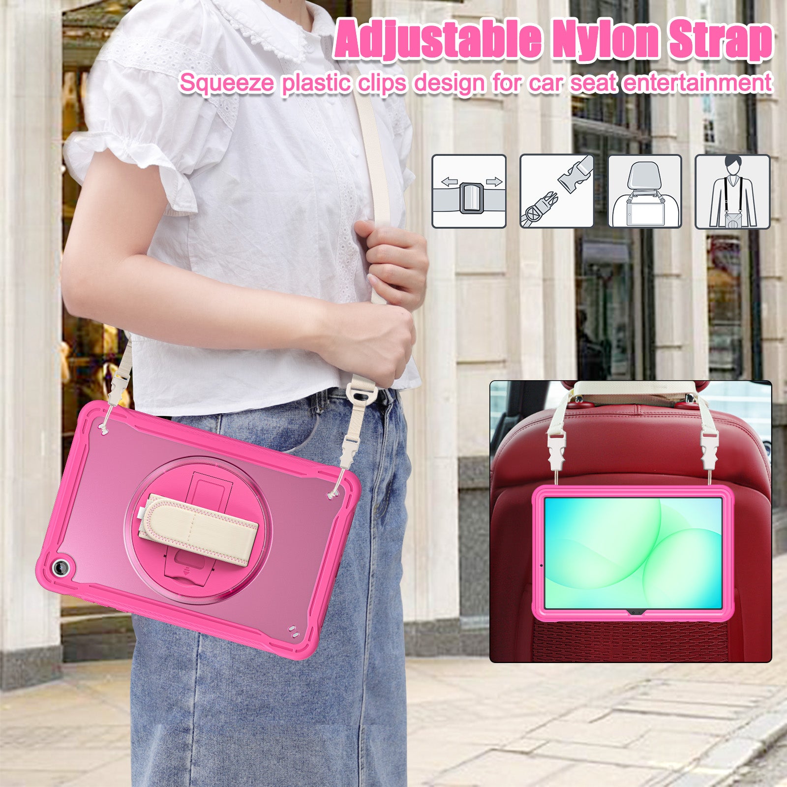 Samsung Tab A11+ A11 Plus Rugged Case - 360° Stand, Hand & Shoulder Strap - Shockproof - Rose