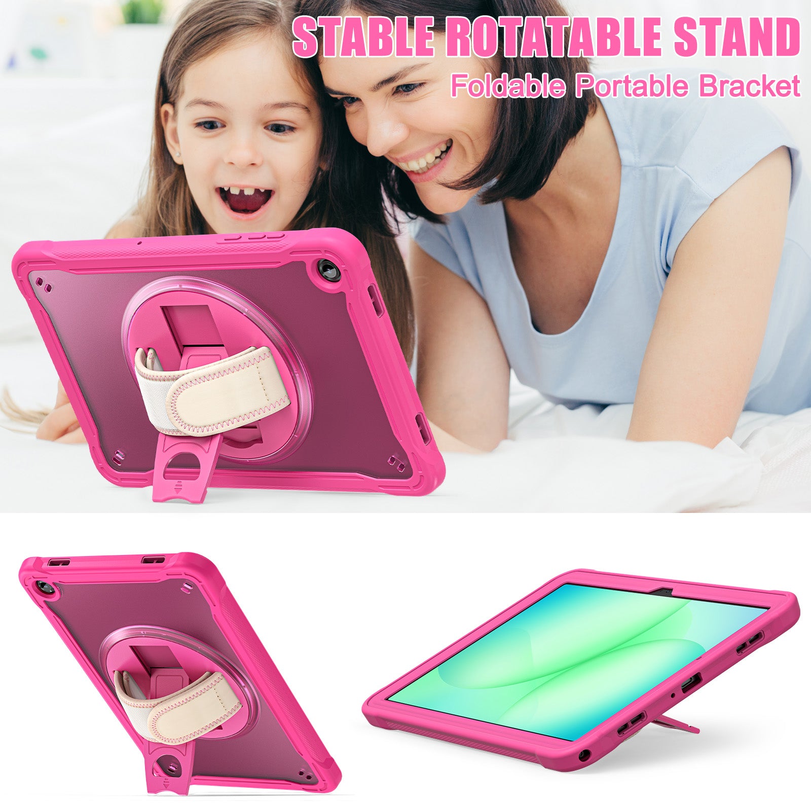 Samsung Tab A11+ A11 Plus Rugged Case - 360° Stand, Hand & Shoulder Strap - Shockproof - Rose