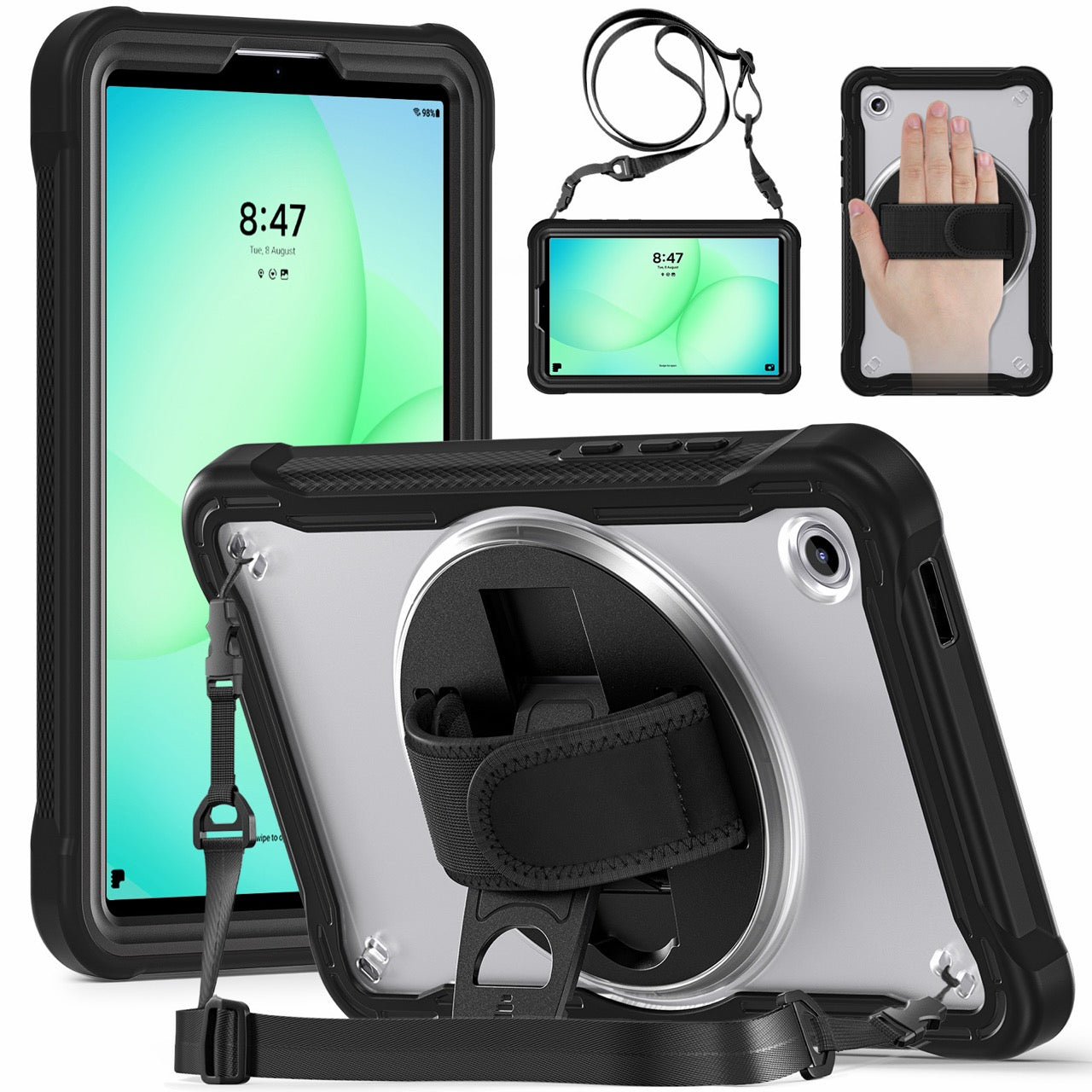 Samsung Tab A11 Rugged Case - 360° Stand, Hand & Shoulder Strap - Shockproof - Black